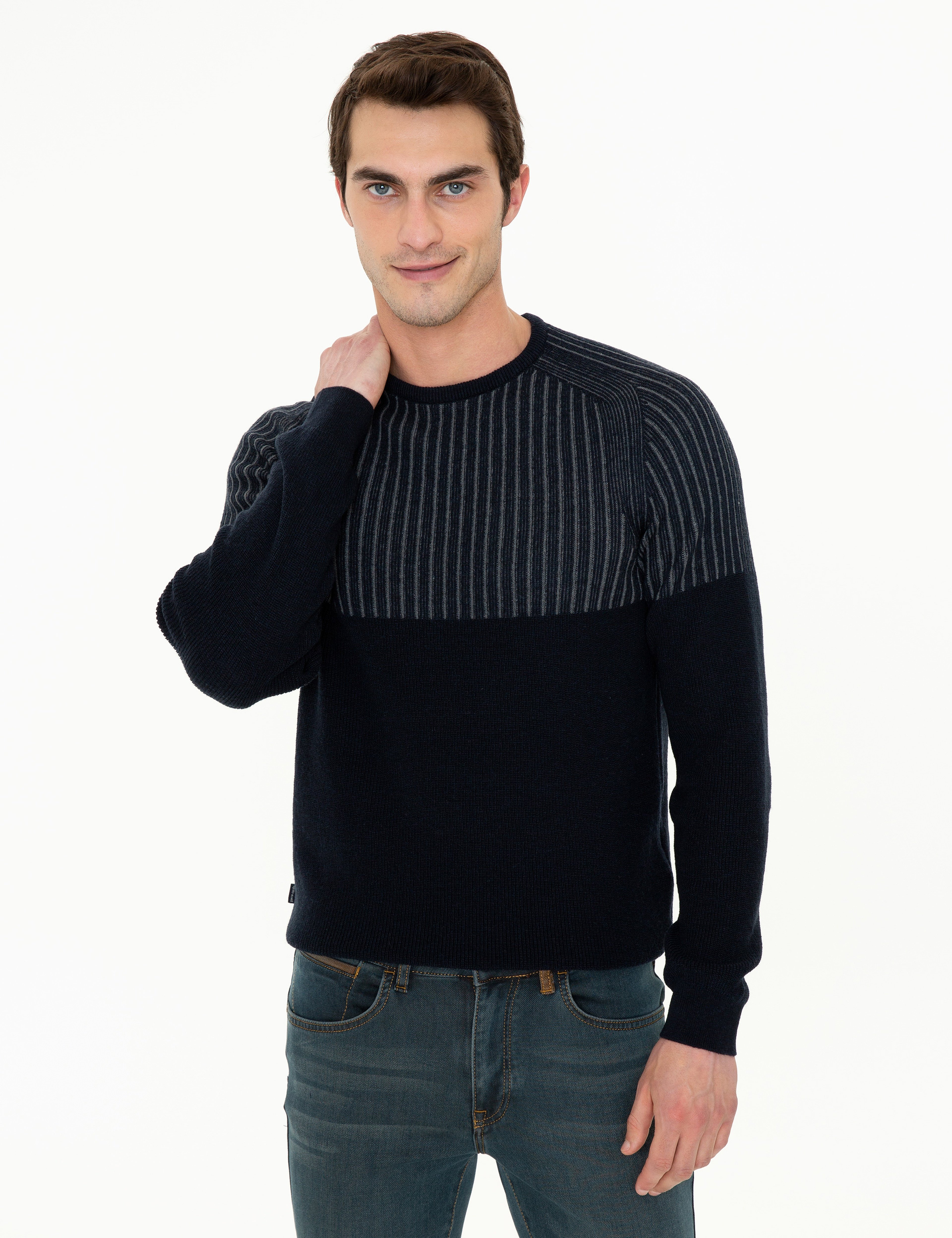 Lacivert Slim Fit Bisiklet Yaka Yün Karışımlı Triko Kazak