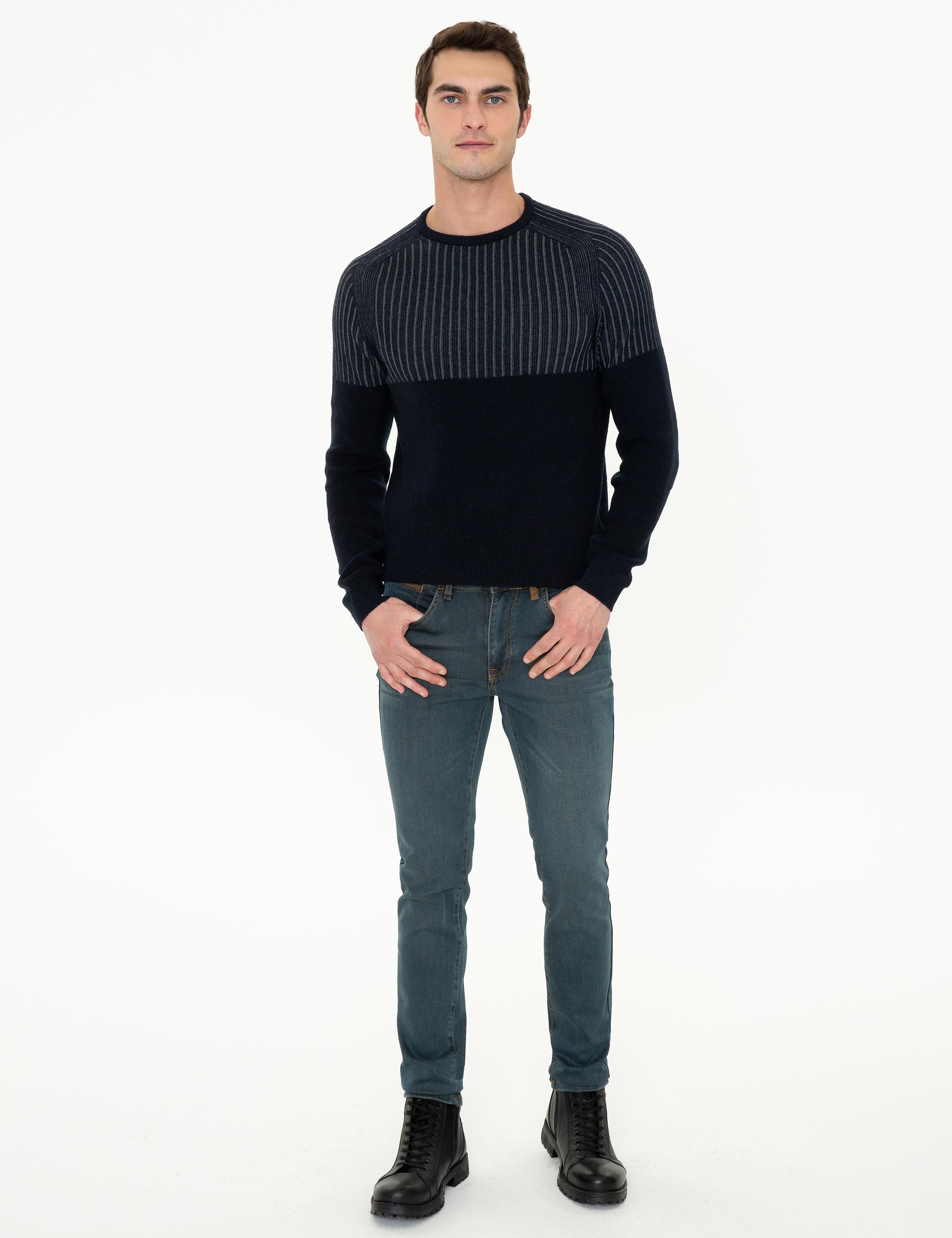 Lacivert Slim Fit Bisiklet Yaka Yün Karışımlı Triko Kazak