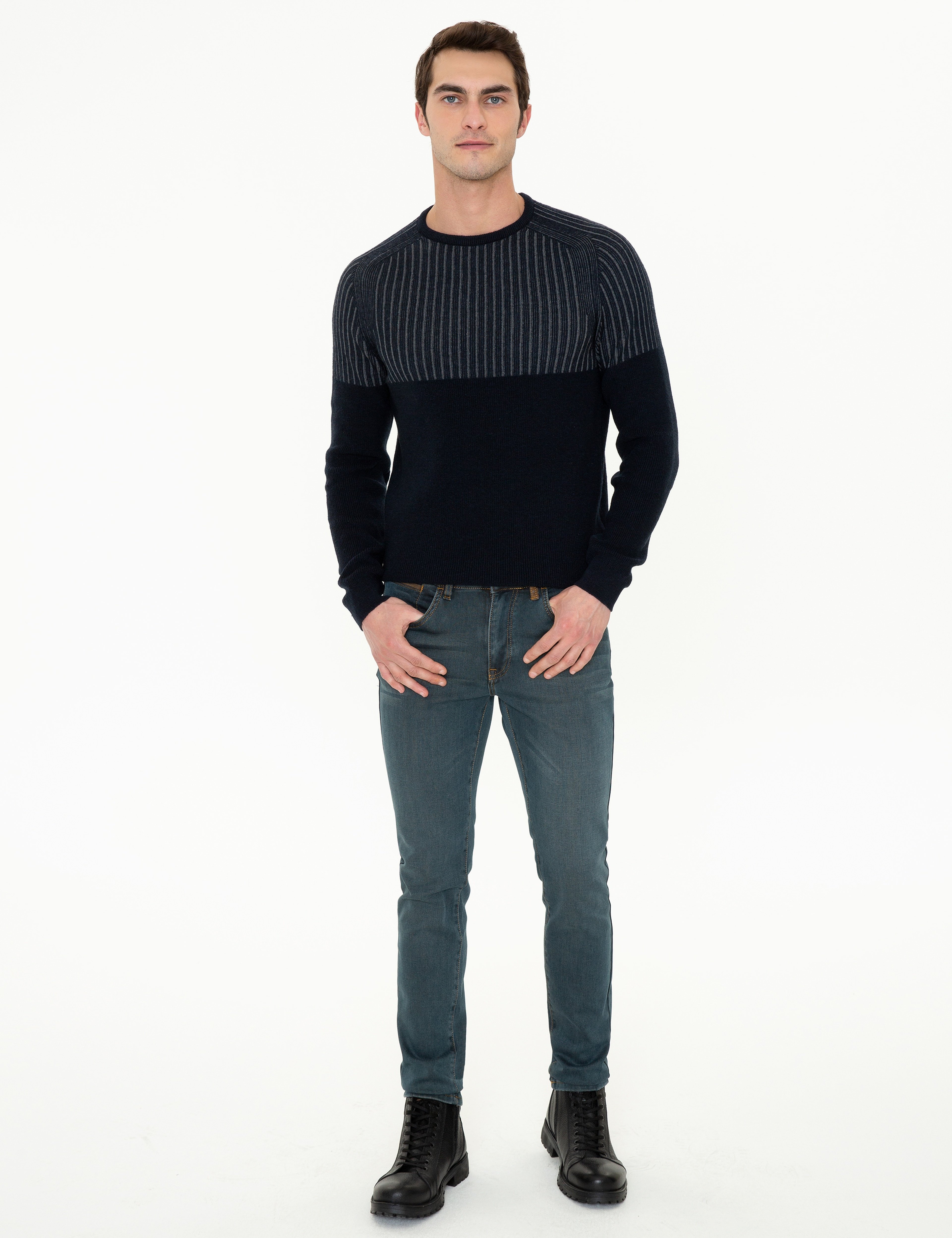 Lacivert Slim Fit Bisiklet Yaka Yün Karışımlı Triko Kazak - Image 5