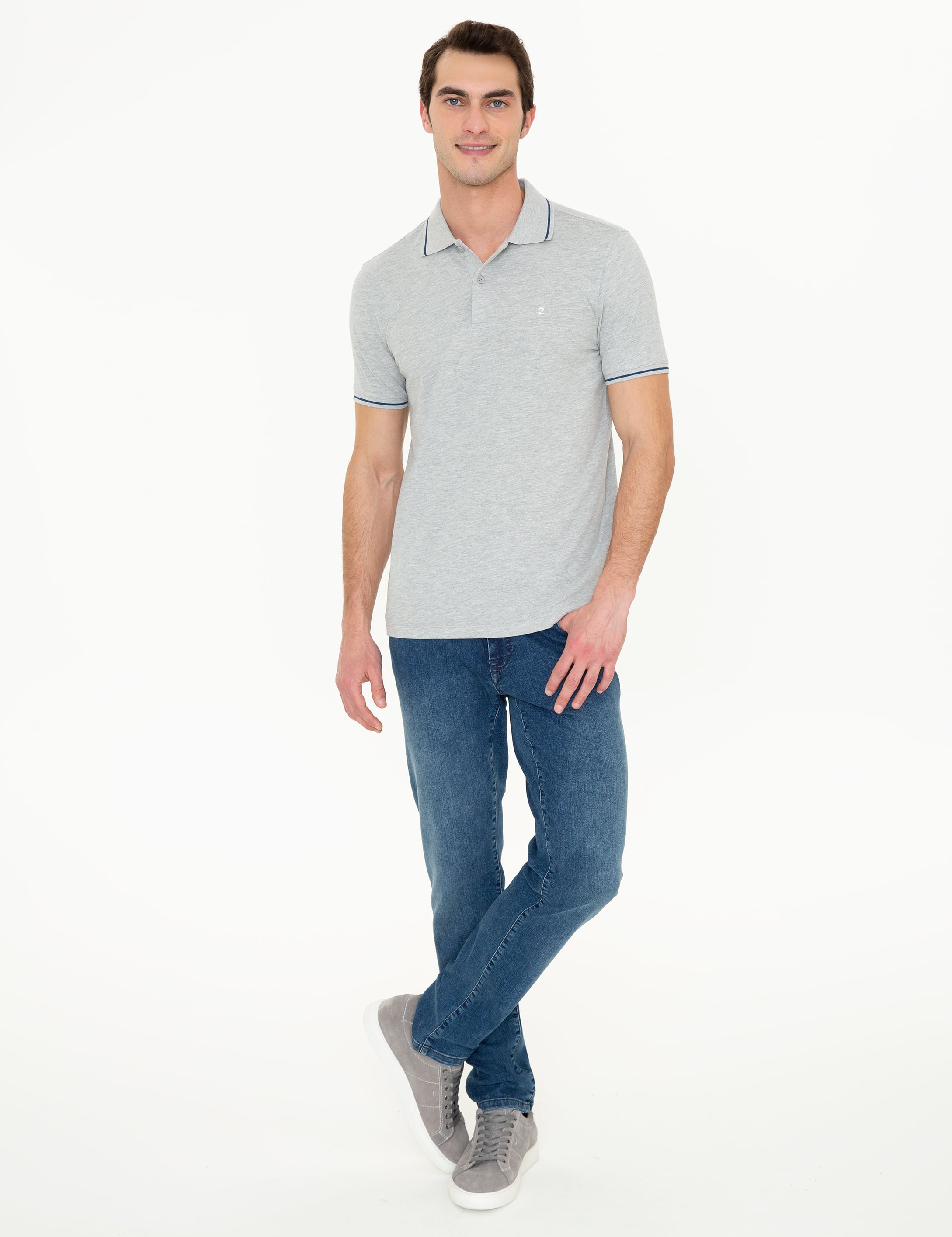 Açık Gri Melanj Slim Fit Polo Yaka Basic Tişört - Image 5
