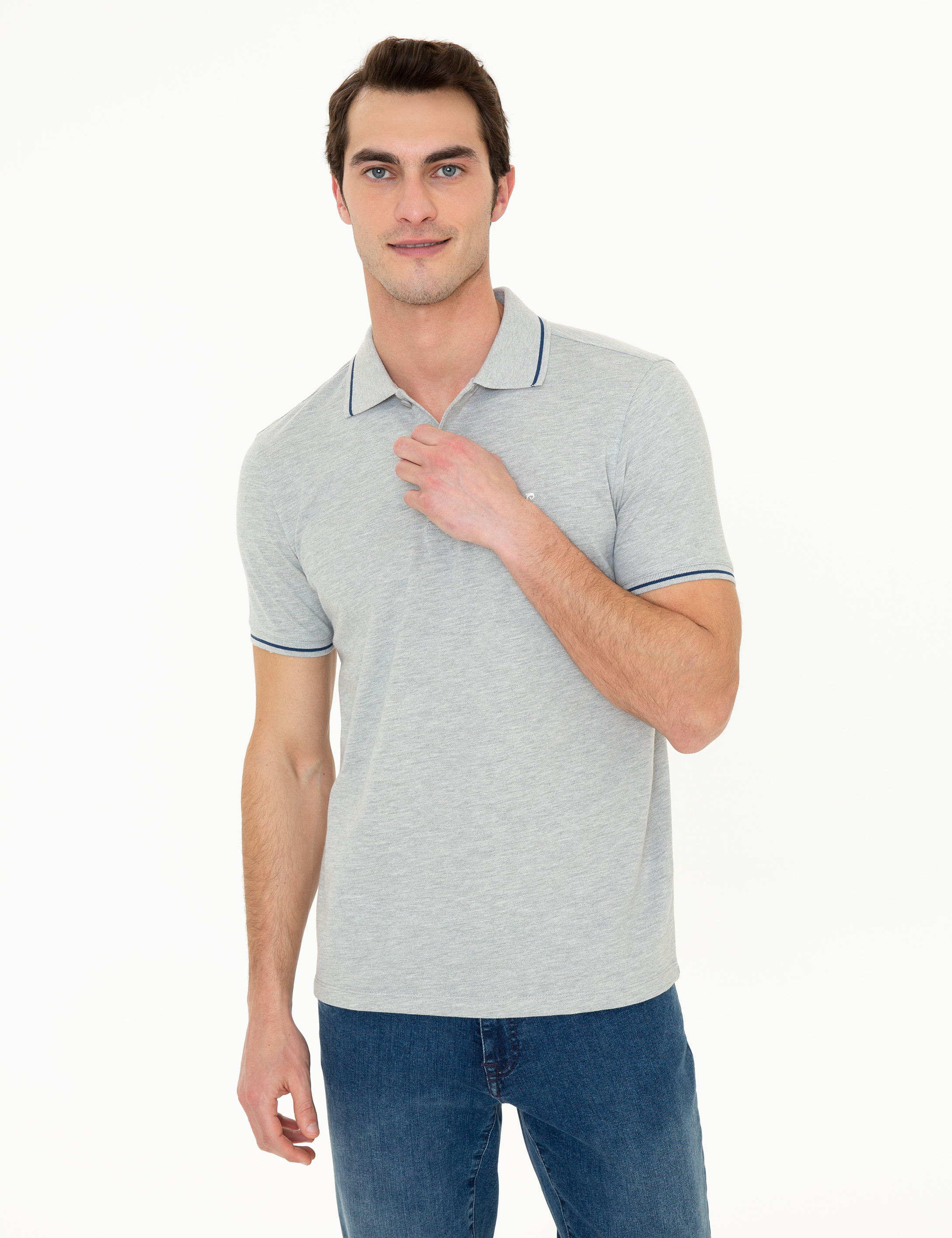 Açık Gri Melanj Slim Fit Polo Yaka Basic Tişört - Image 1