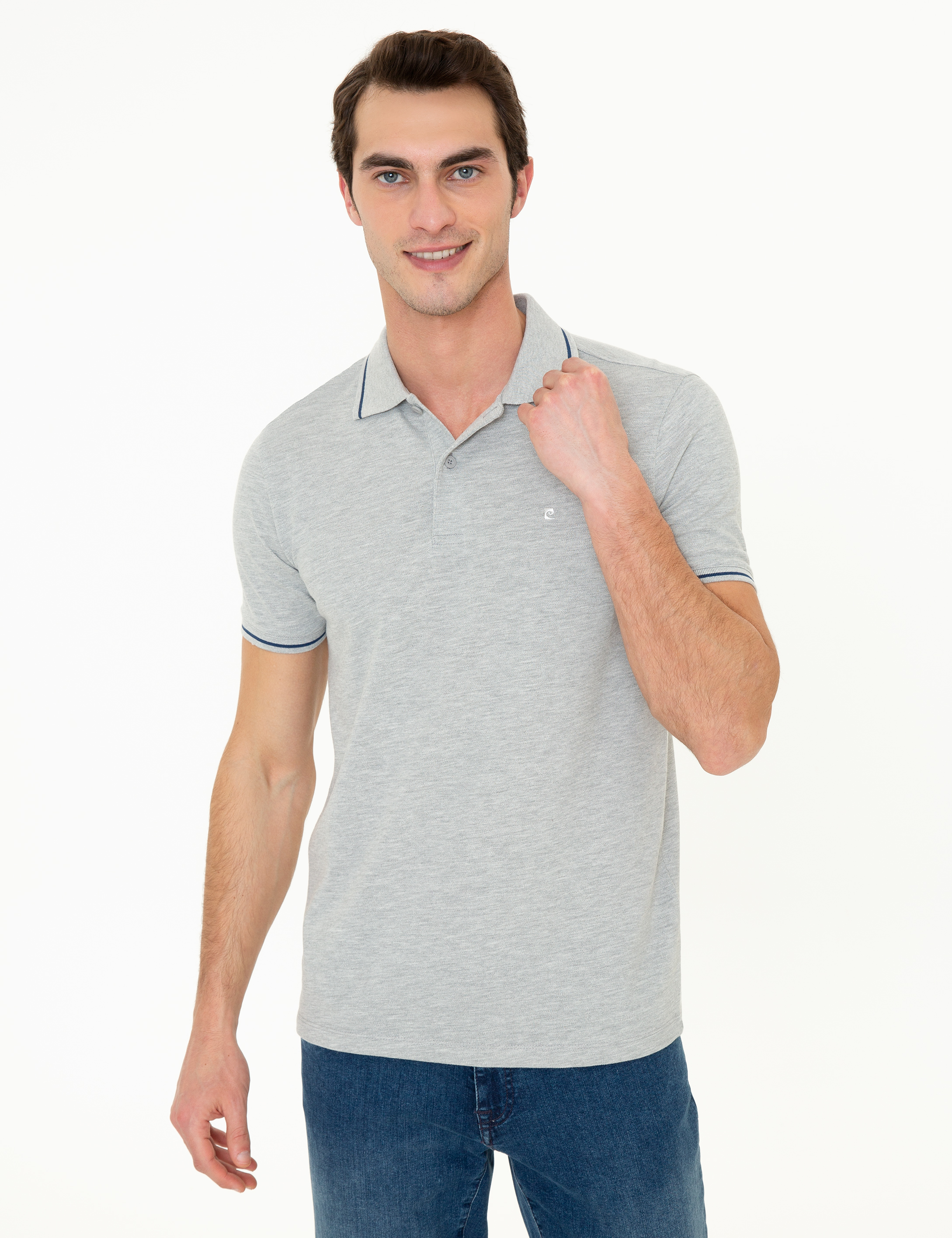 Açık Gri Melanj Slim Fit Polo Yaka Basic Tişört - Image 3