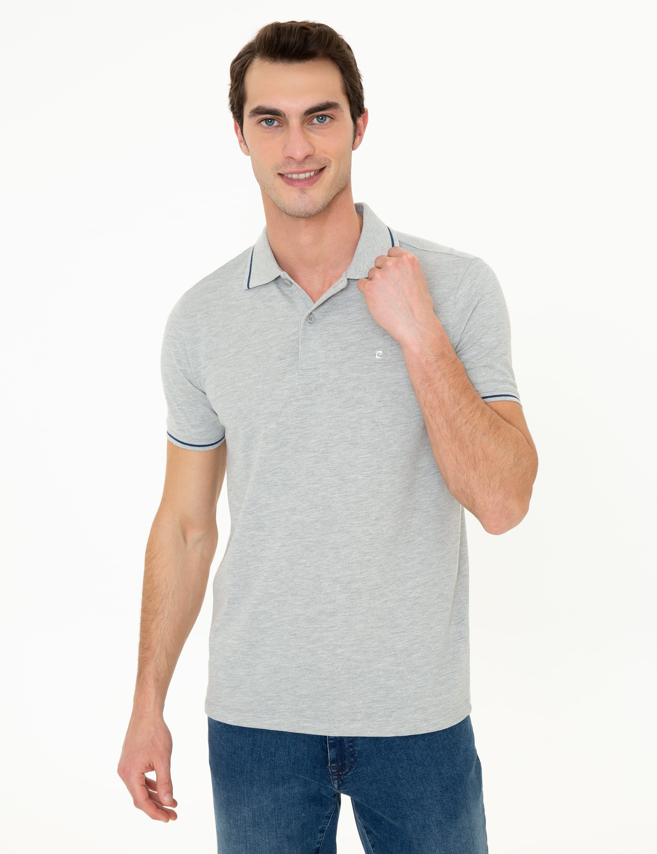 Açık Gri Melanj Slim Fit Polo Yaka Basic Tişört
