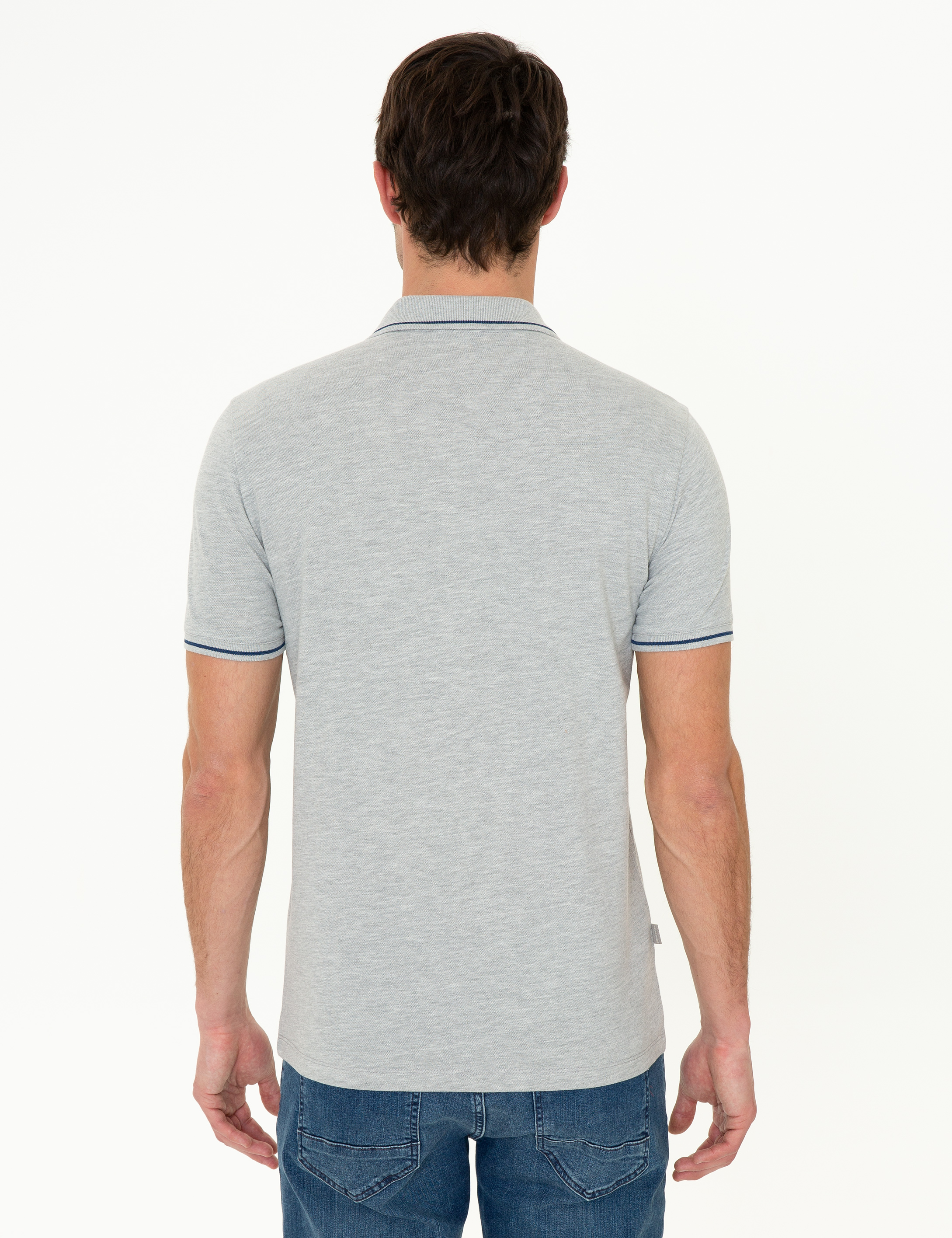 Açık Gri Melanj Slim Fit Polo Yaka Basic Tişört - Image 4