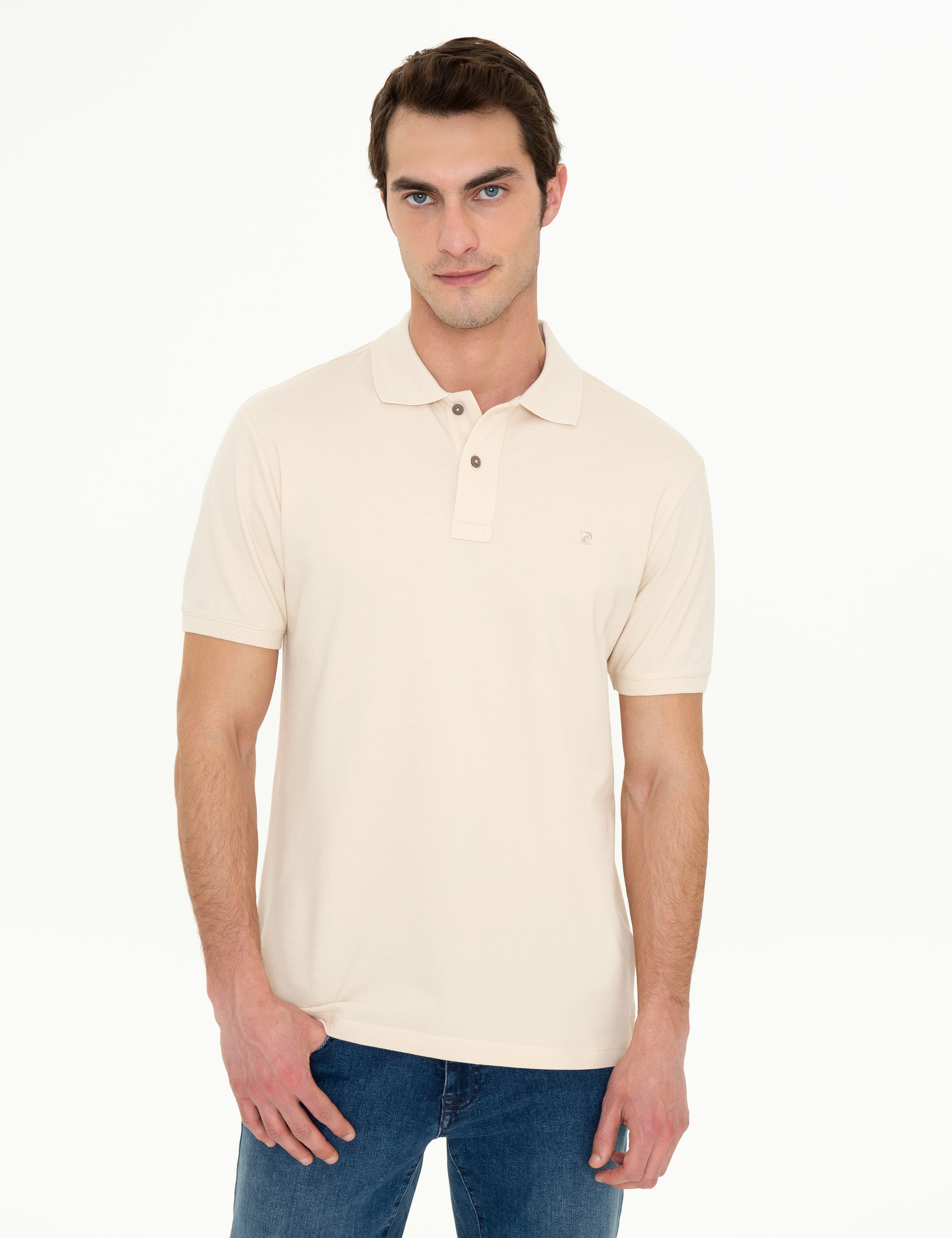 Bej Slim Fit %100 Pamuk Düğmeli Polo Yaka Basic Tişört