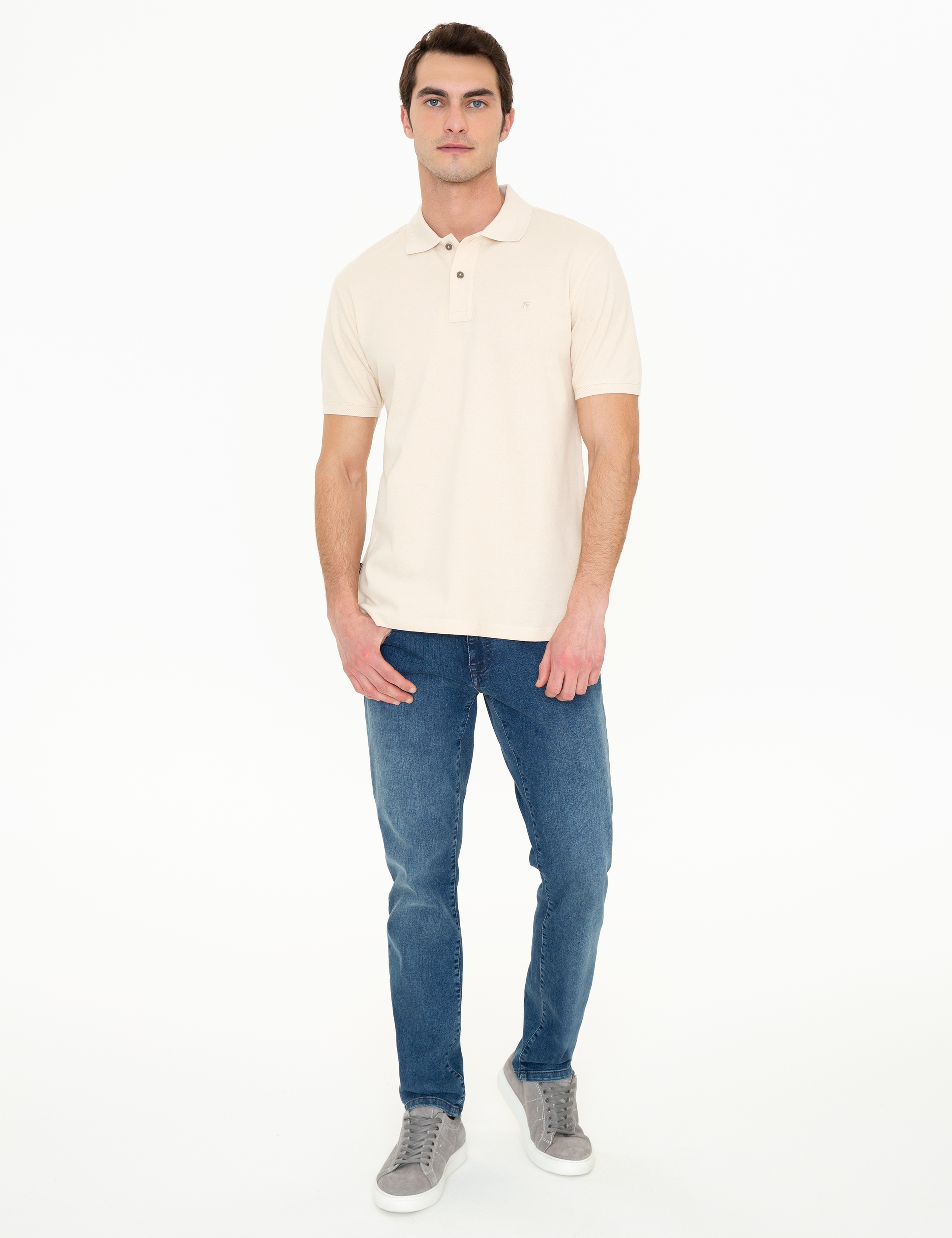 Bej Slim Fit %100 Pamuk Düğmeli Polo Yaka Basic Tişört