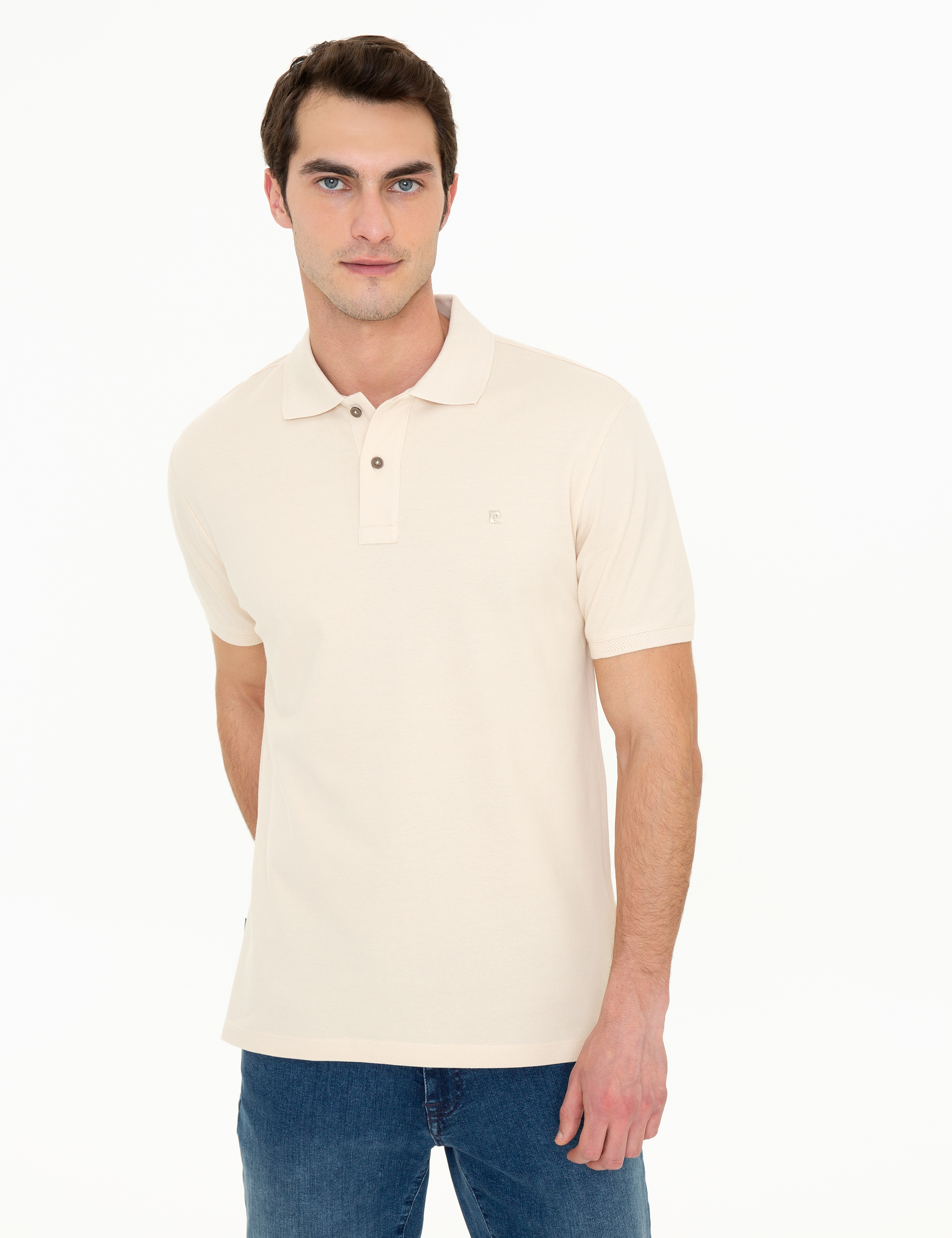 Bej Slim Fit %100 Pamuk Düğmeli Polo Yaka Basic Tişört - Image 1
