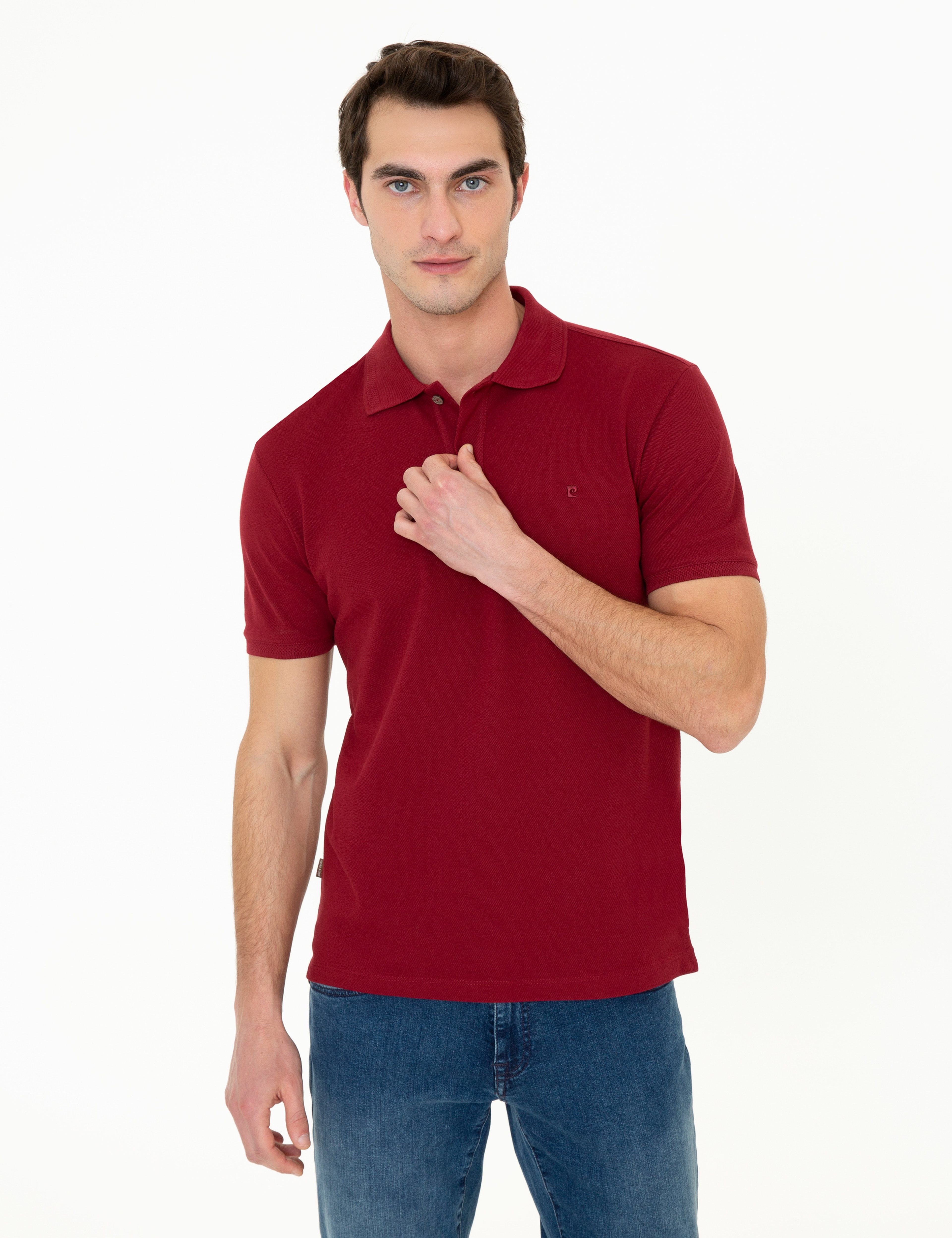 Bordo Slim Fit %100 Pamuk Basic Düğmeli Polo Yaka Tişört - Image 1