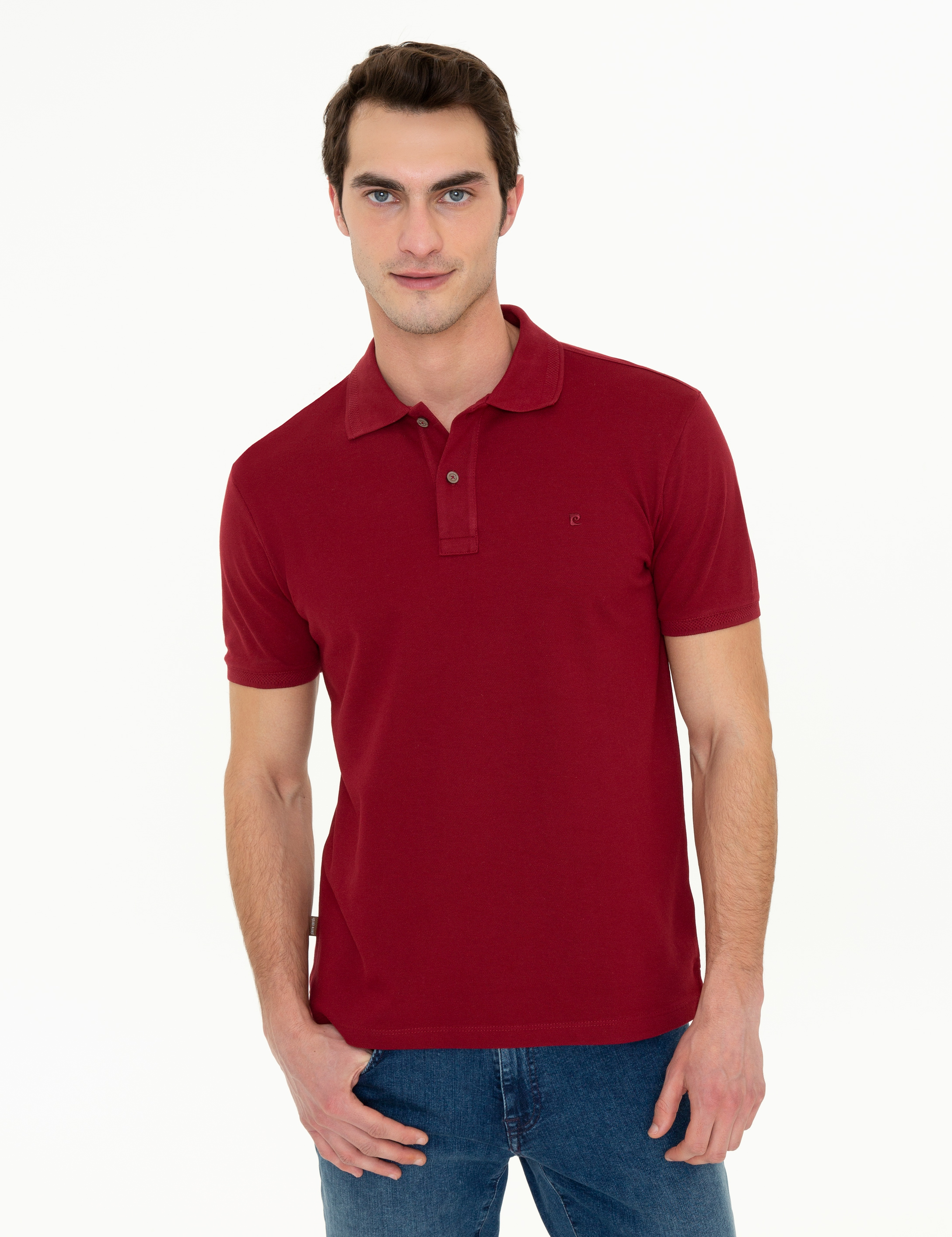 Bordo Slim Fit %100 Pamuk Basic Düğmeli Polo Yaka Tişört - Image 3