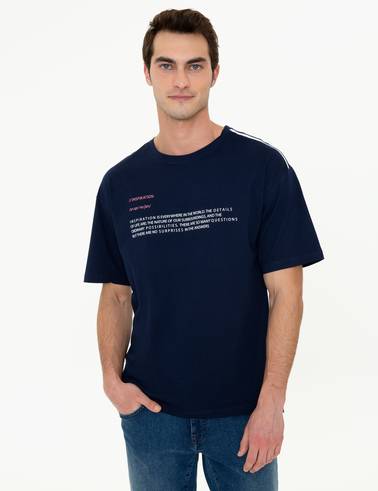 Lacivert Comfort Fit Baskılı Bisiklet Yaka Tişört