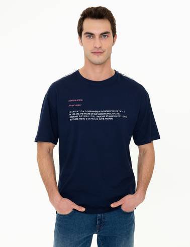 Lacivert Comfort Fit Baskılı Bisiklet Yaka Tişört