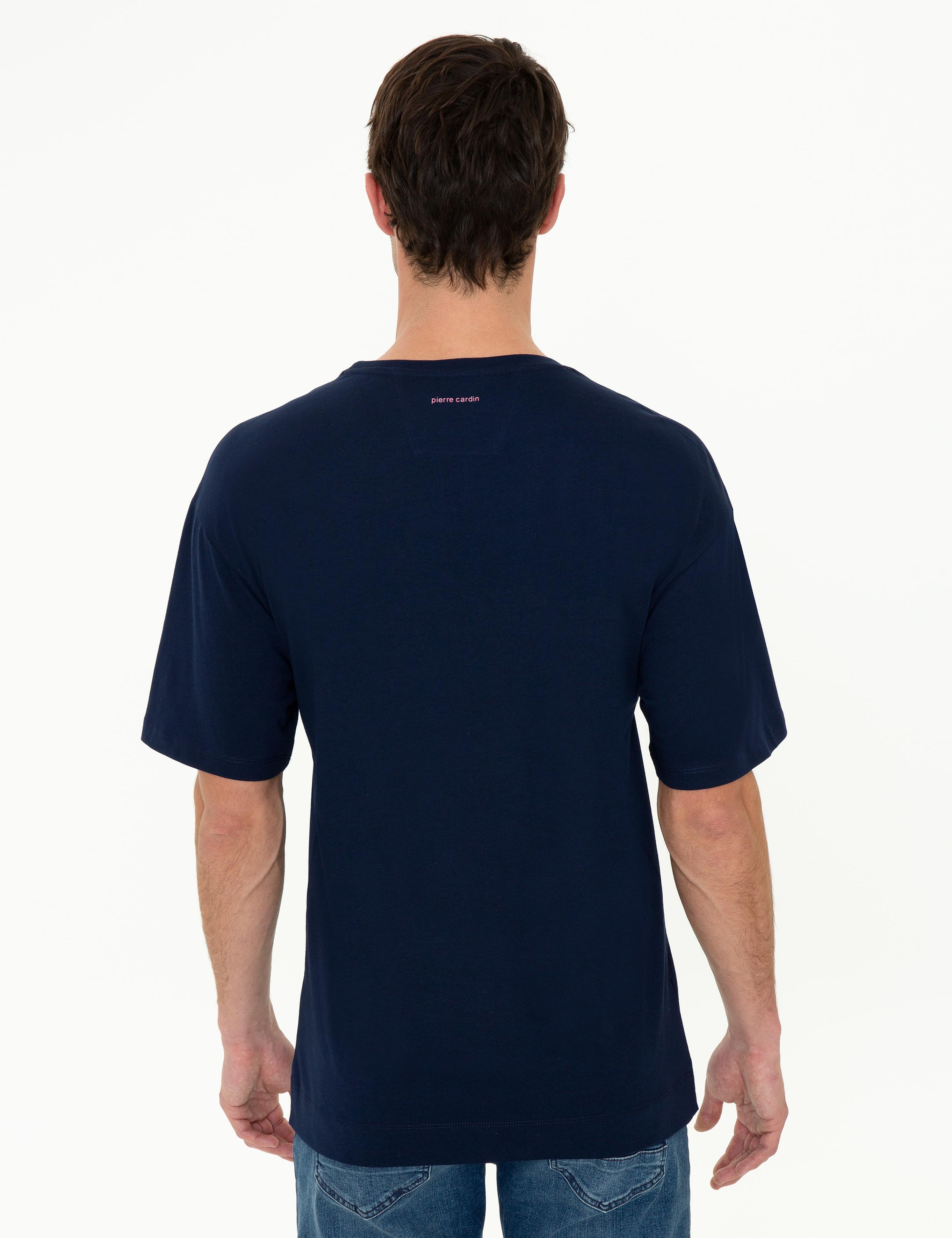 Lacivert Comfort Fit Baskılı Bisiklet Yaka Tişört