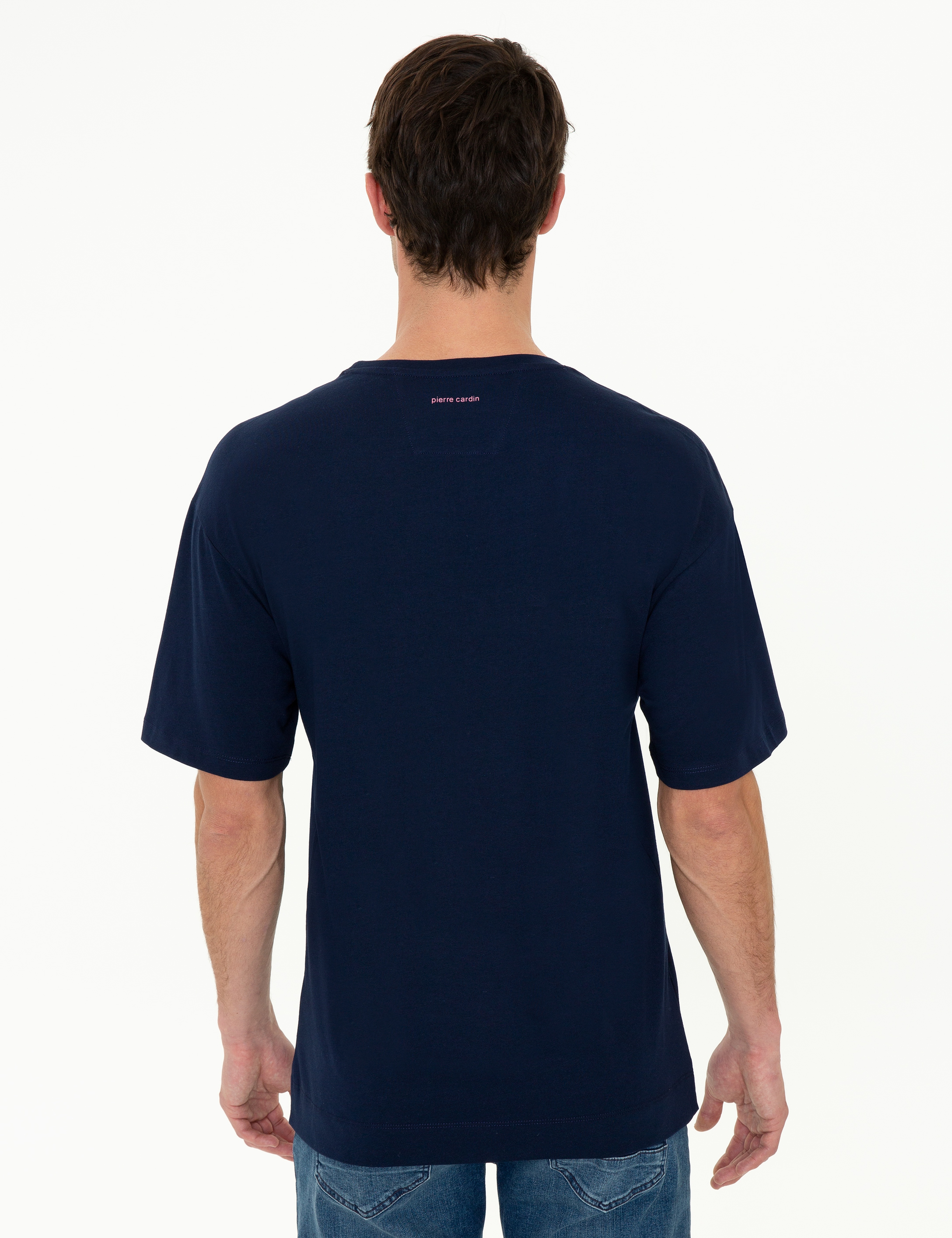Lacivert Comfort Fit Baskılı Bisiklet Yaka Tişört