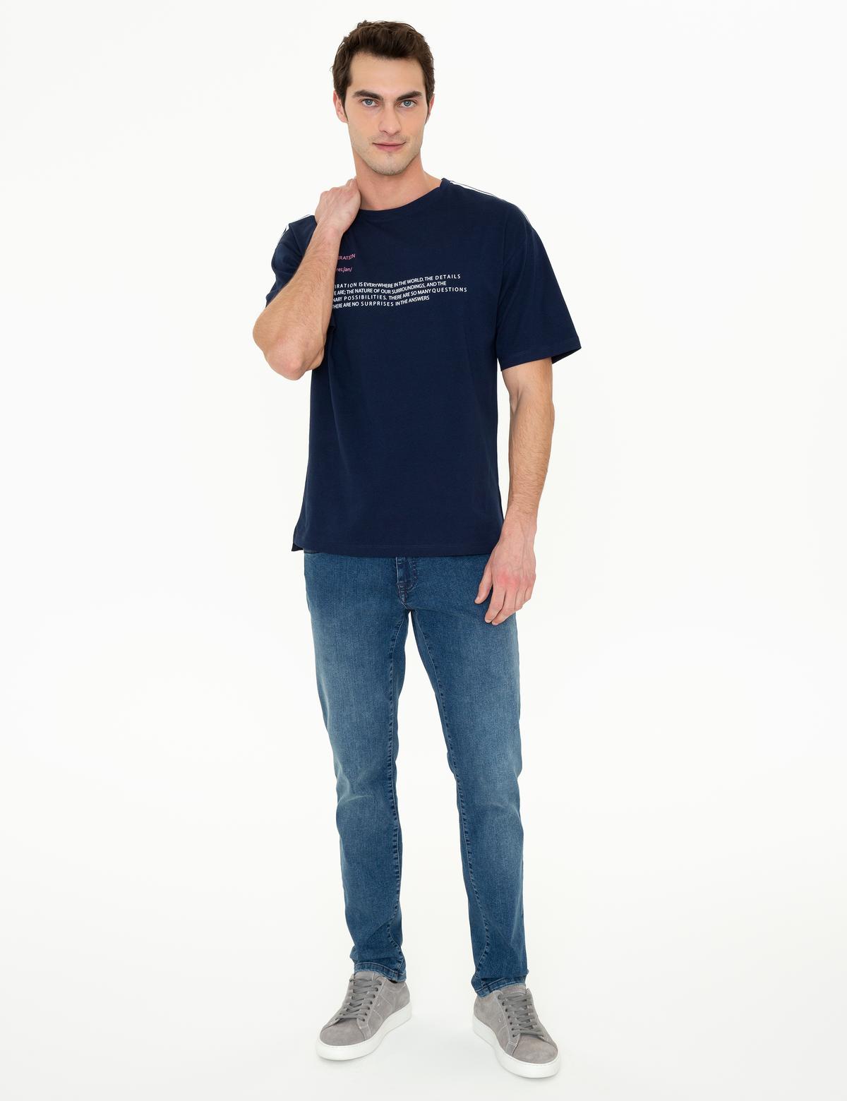 Lacivert Comfort Fit Baskılı Bisiklet Yaka Tişört - 50249707014