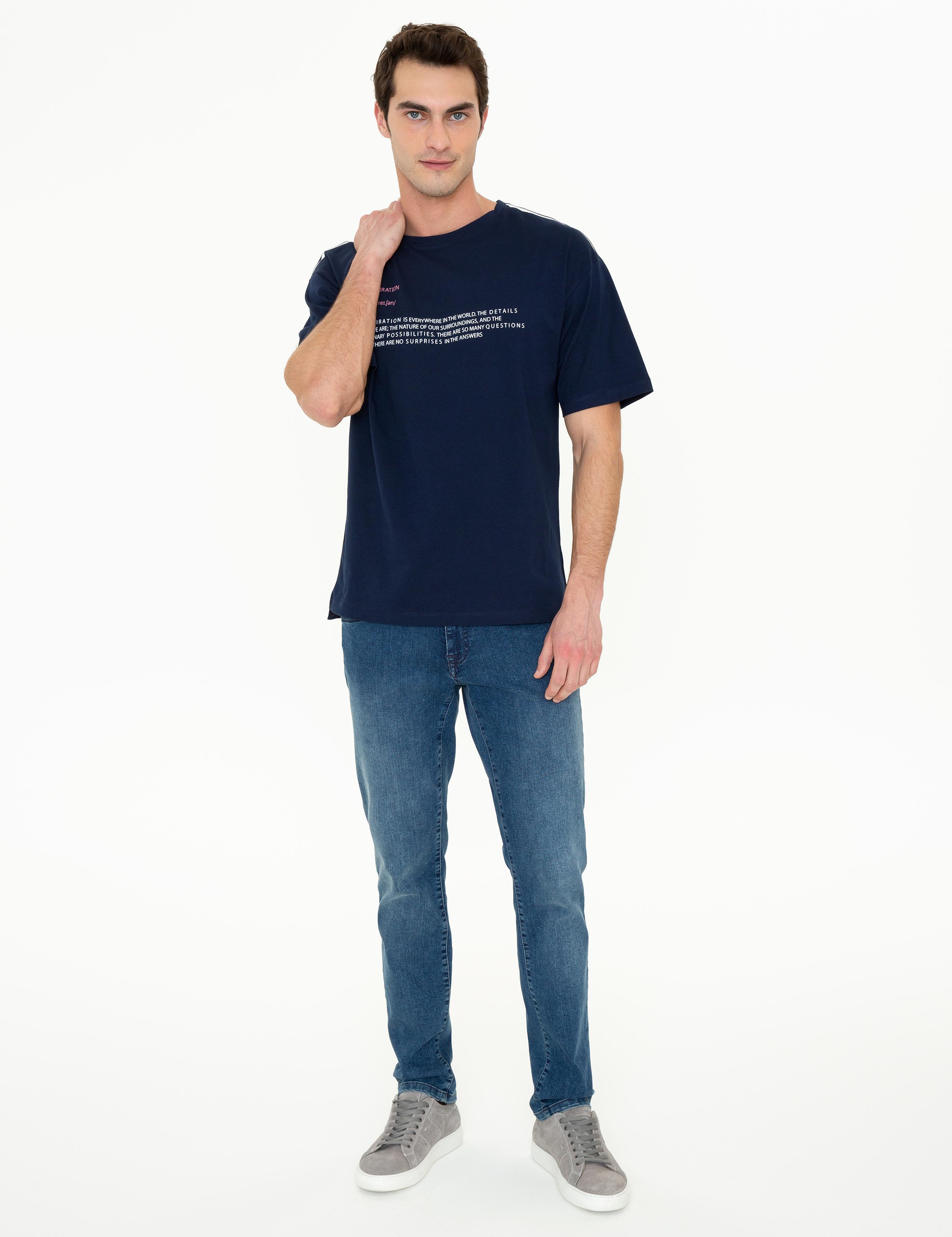 Lacivert Comfort Fit Baskılı Bisiklet Yaka Tişört