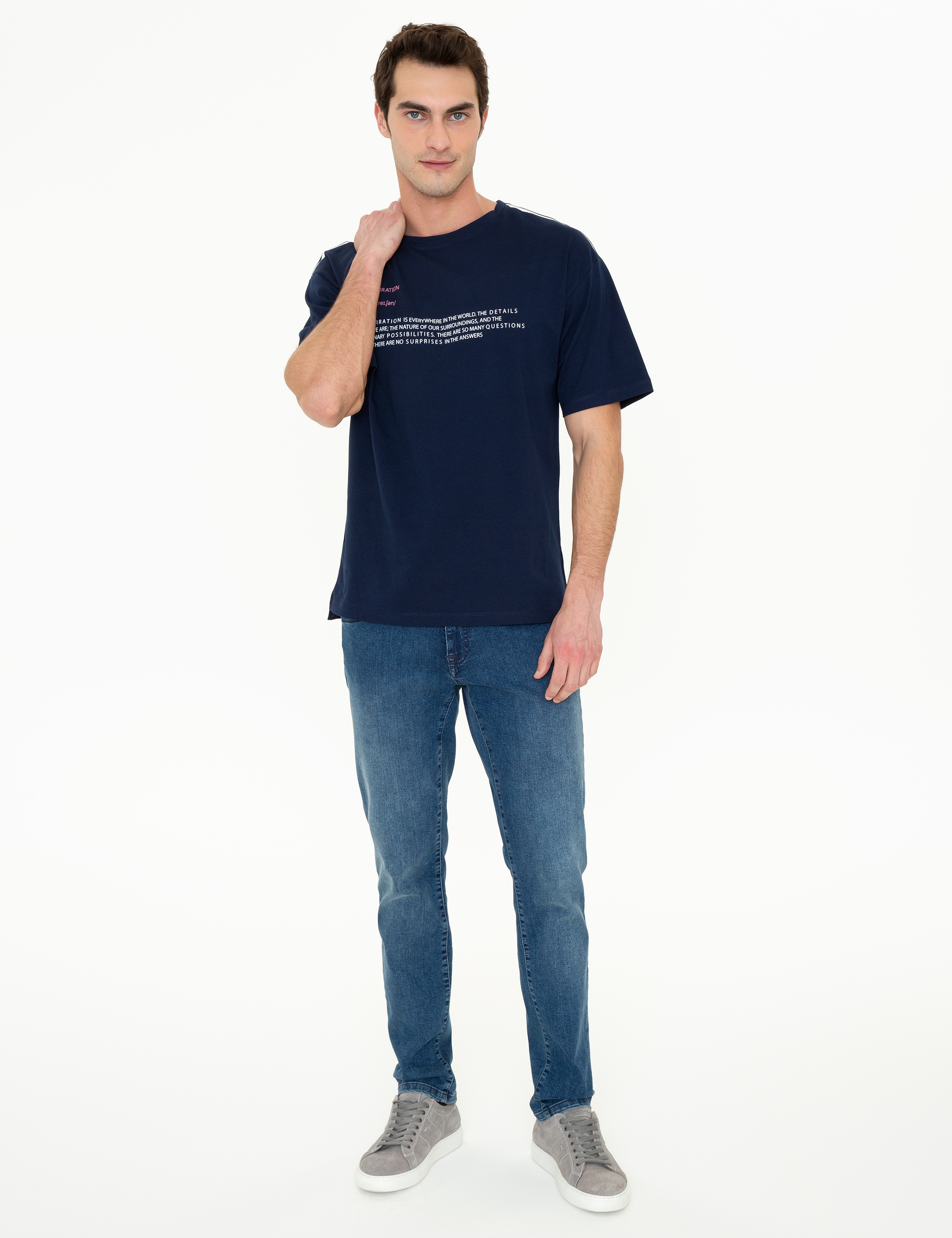 Lacivert Comfort Fit Baskılı Bisiklet Yaka Tişört