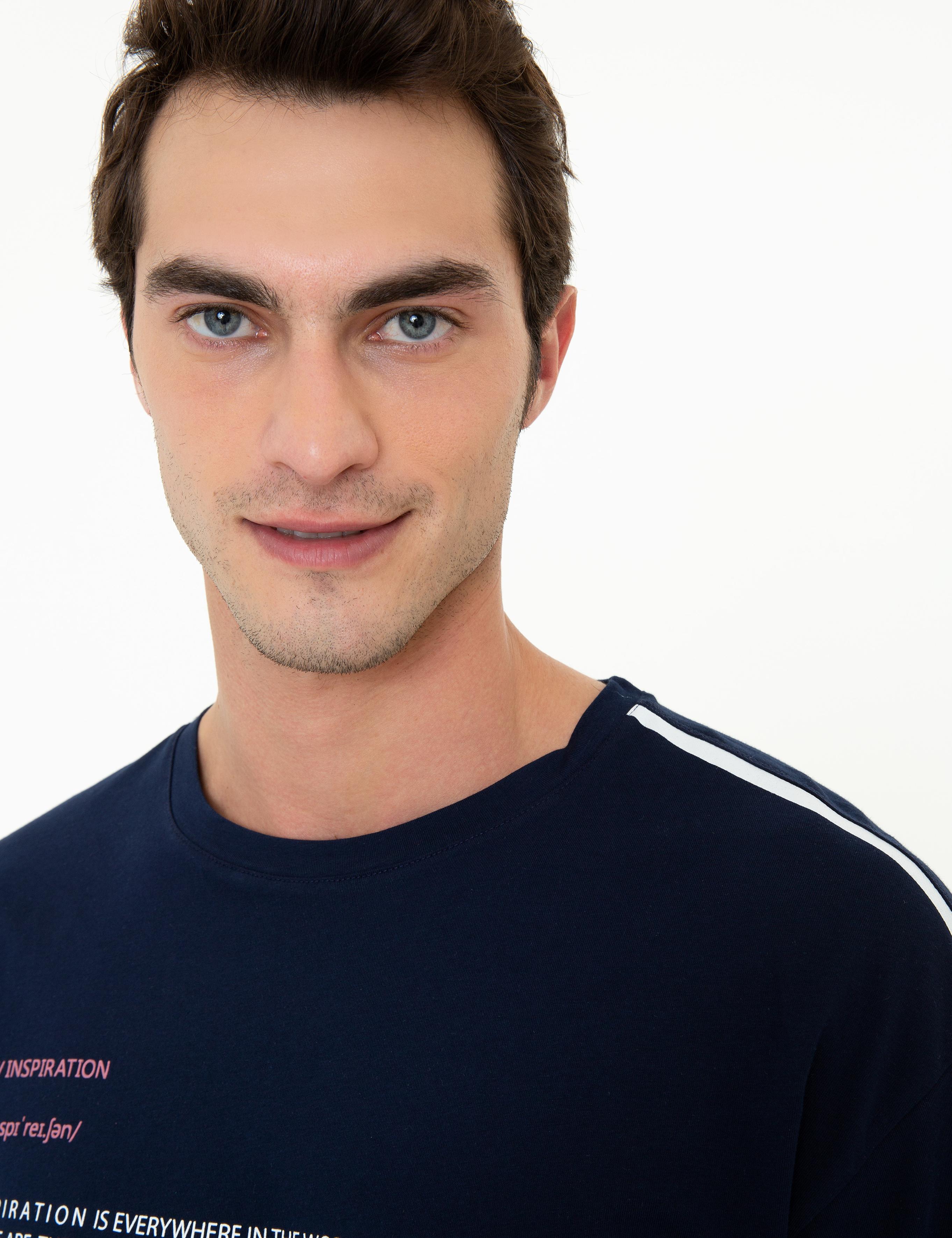 Lacivert Comfort Fit Baskılı Bisiklet Yaka Tişört