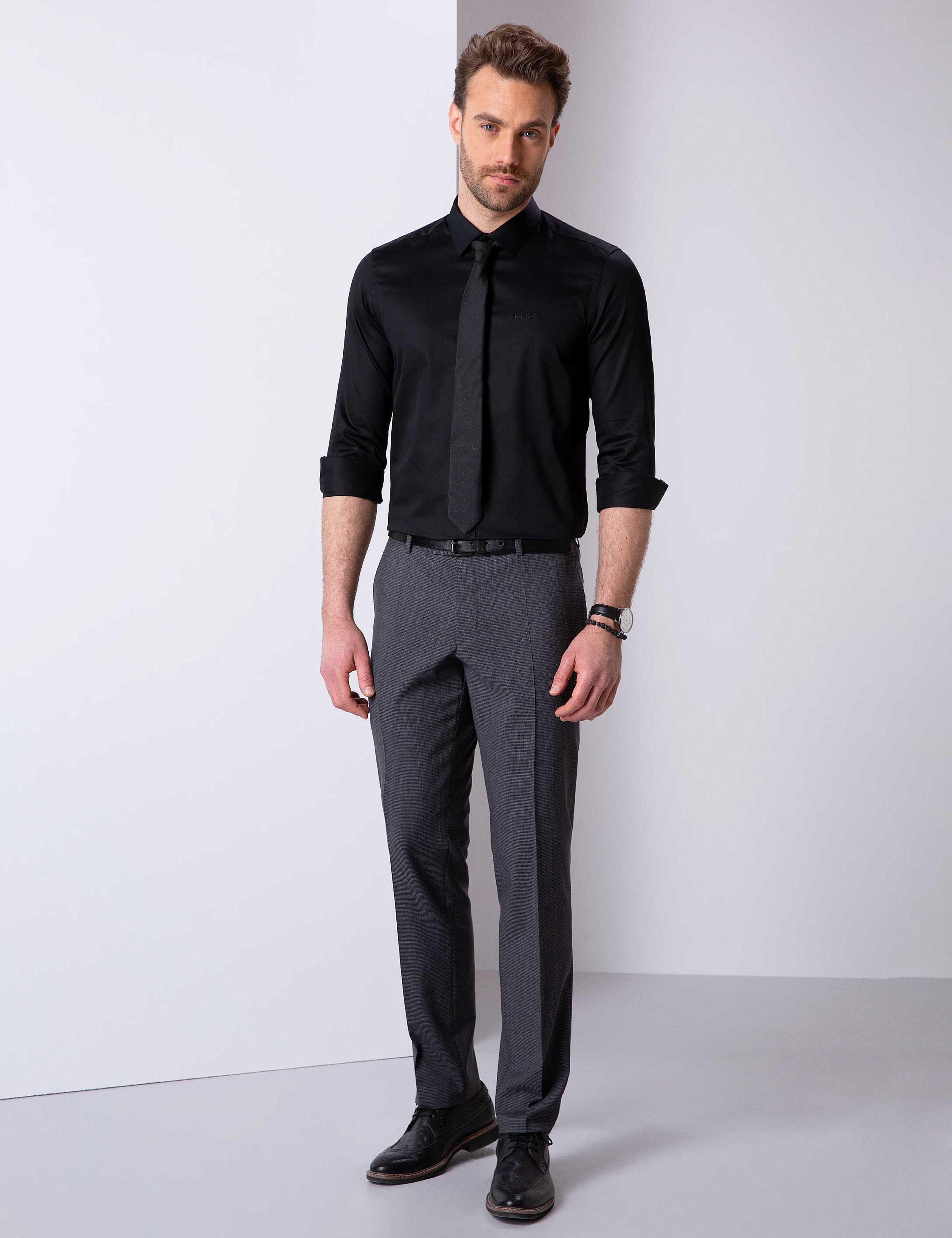 Siyah Slim Fit Basic Gömlek - Image 3