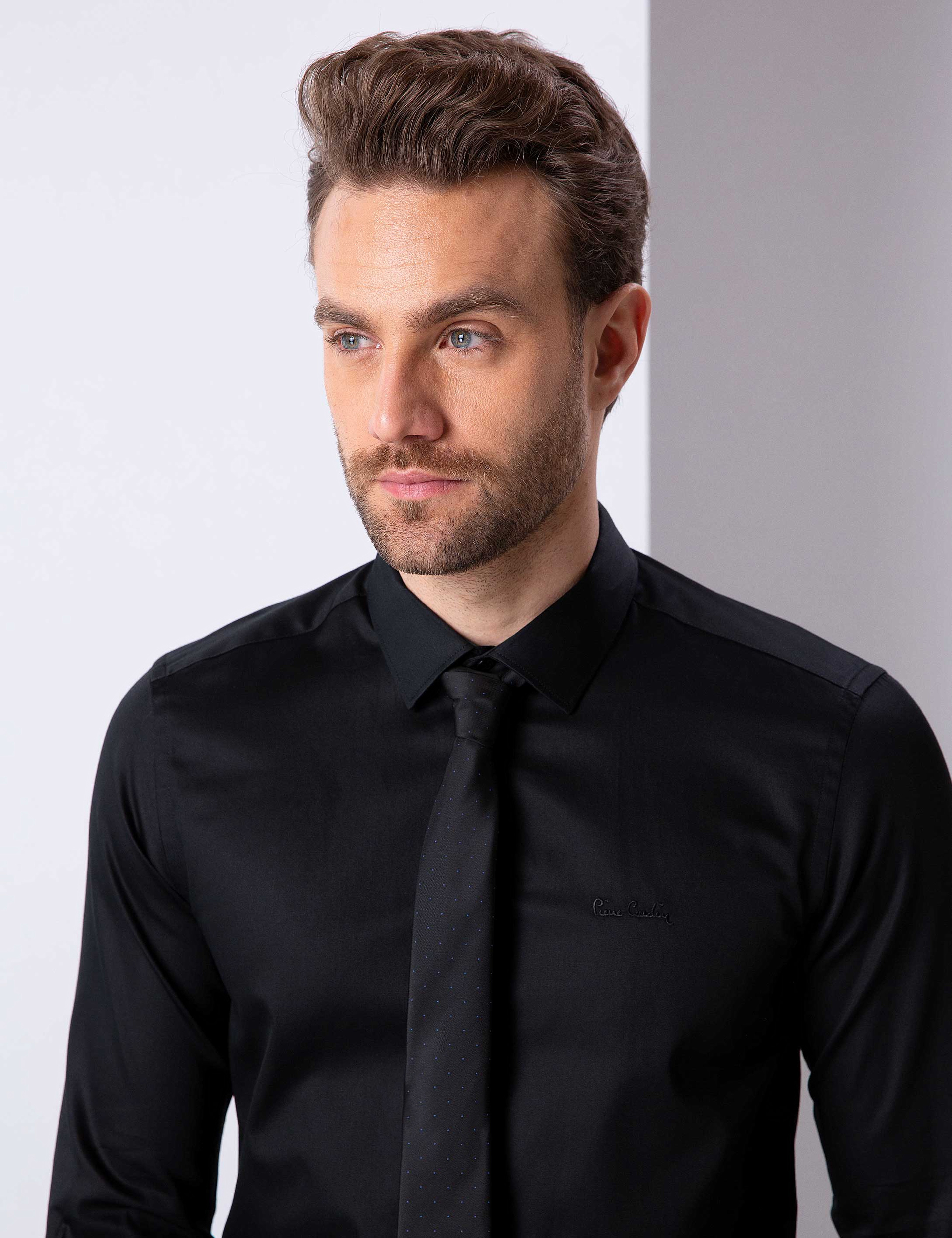 Siyah Slim Fit Basic Gömlek - Image 2