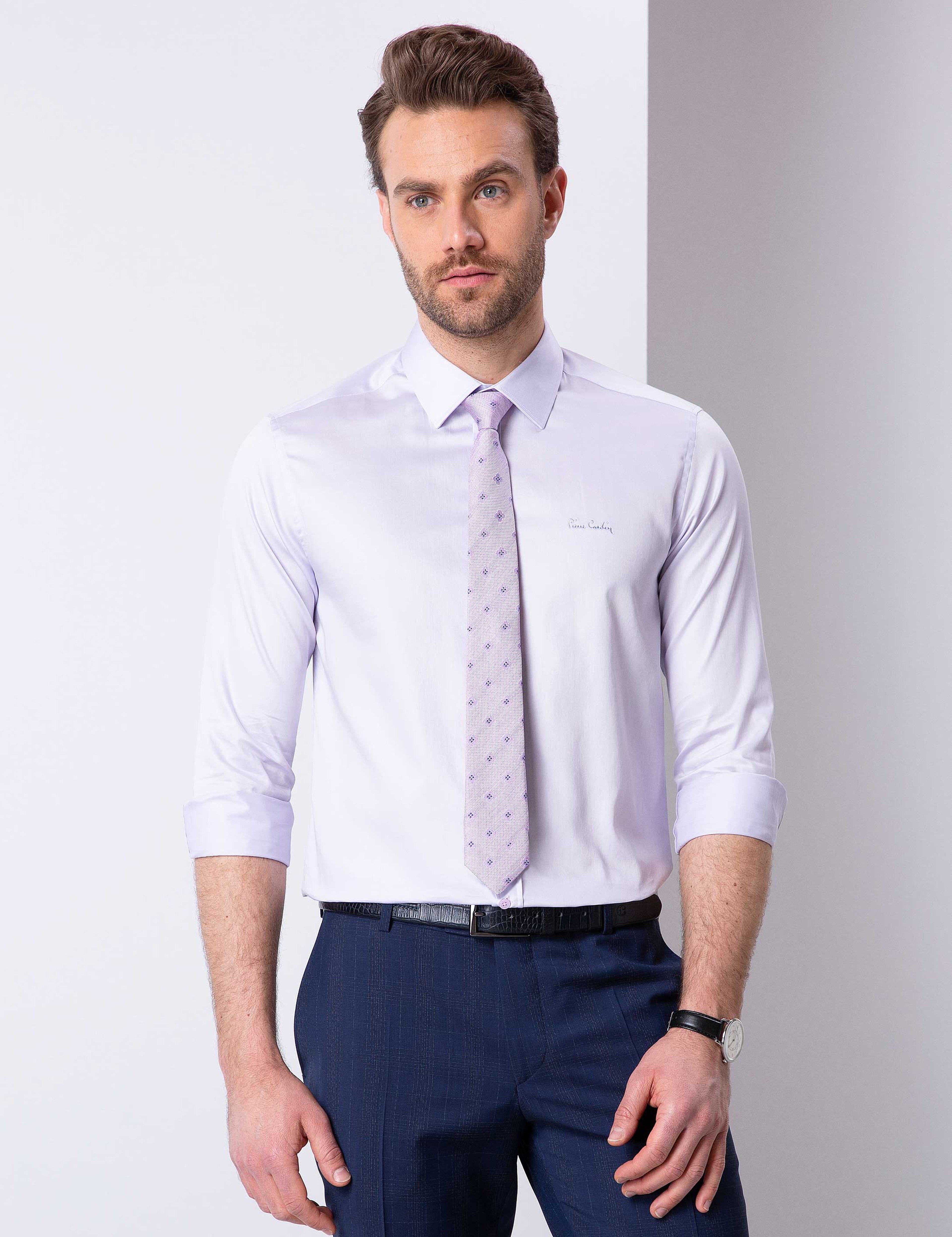 Lila Slim Fit Uzun Kollu Basic Gömlek - Image 1