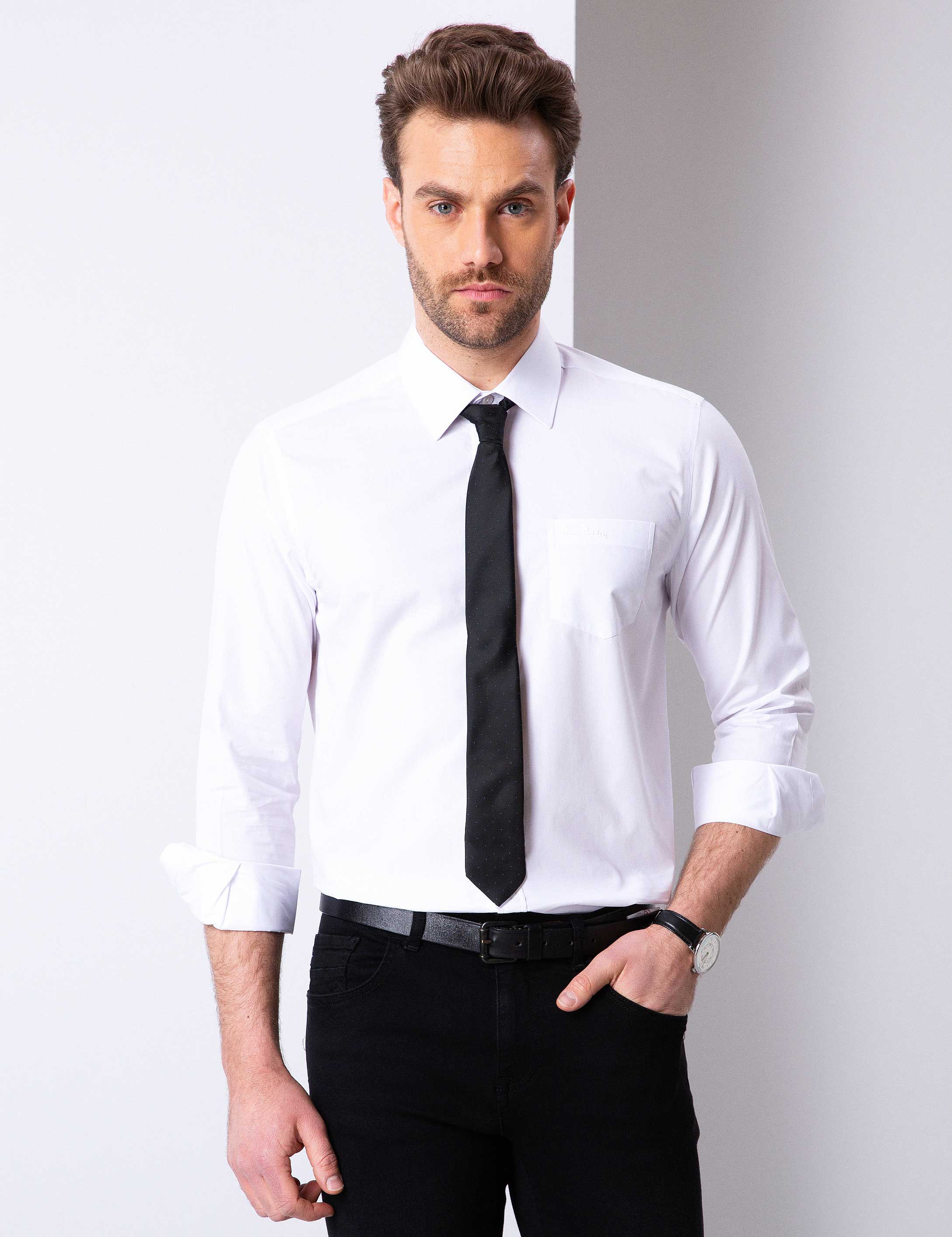 Beyaz Regular Fit Uzun Kollu Basic Gömlek - Image 1