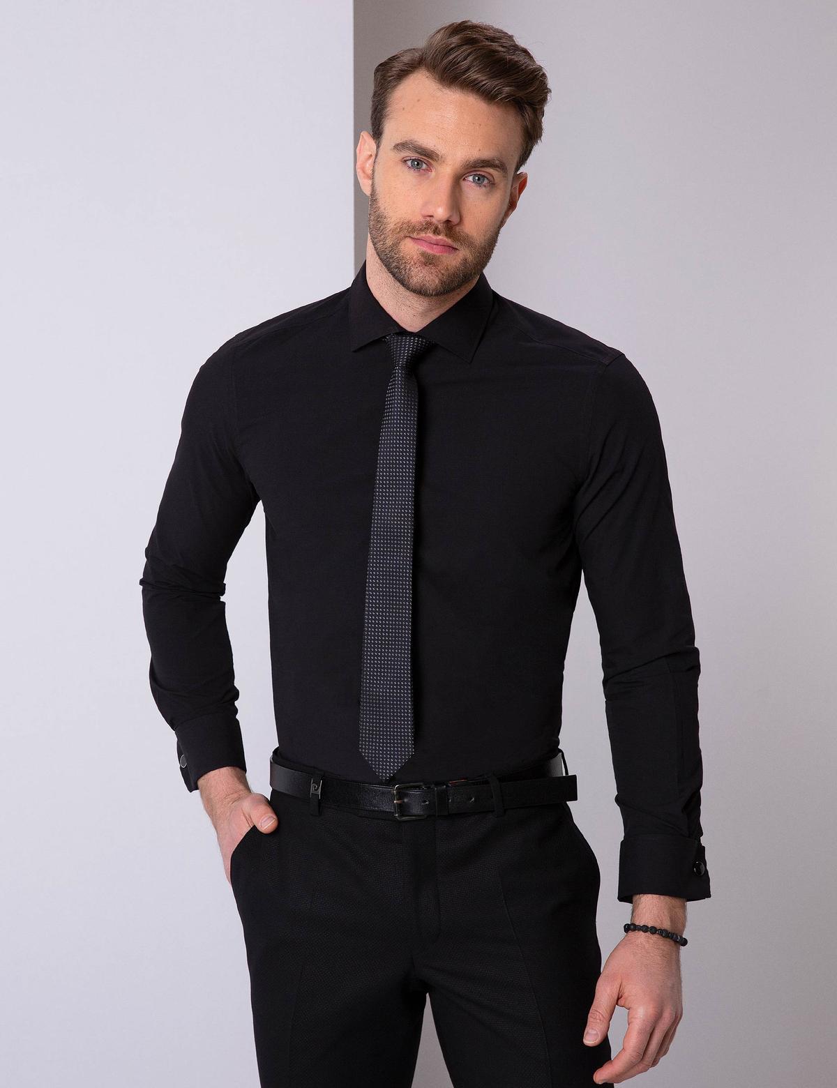 Siyah Slim Fit Uzun Kollu Basic Gömlek