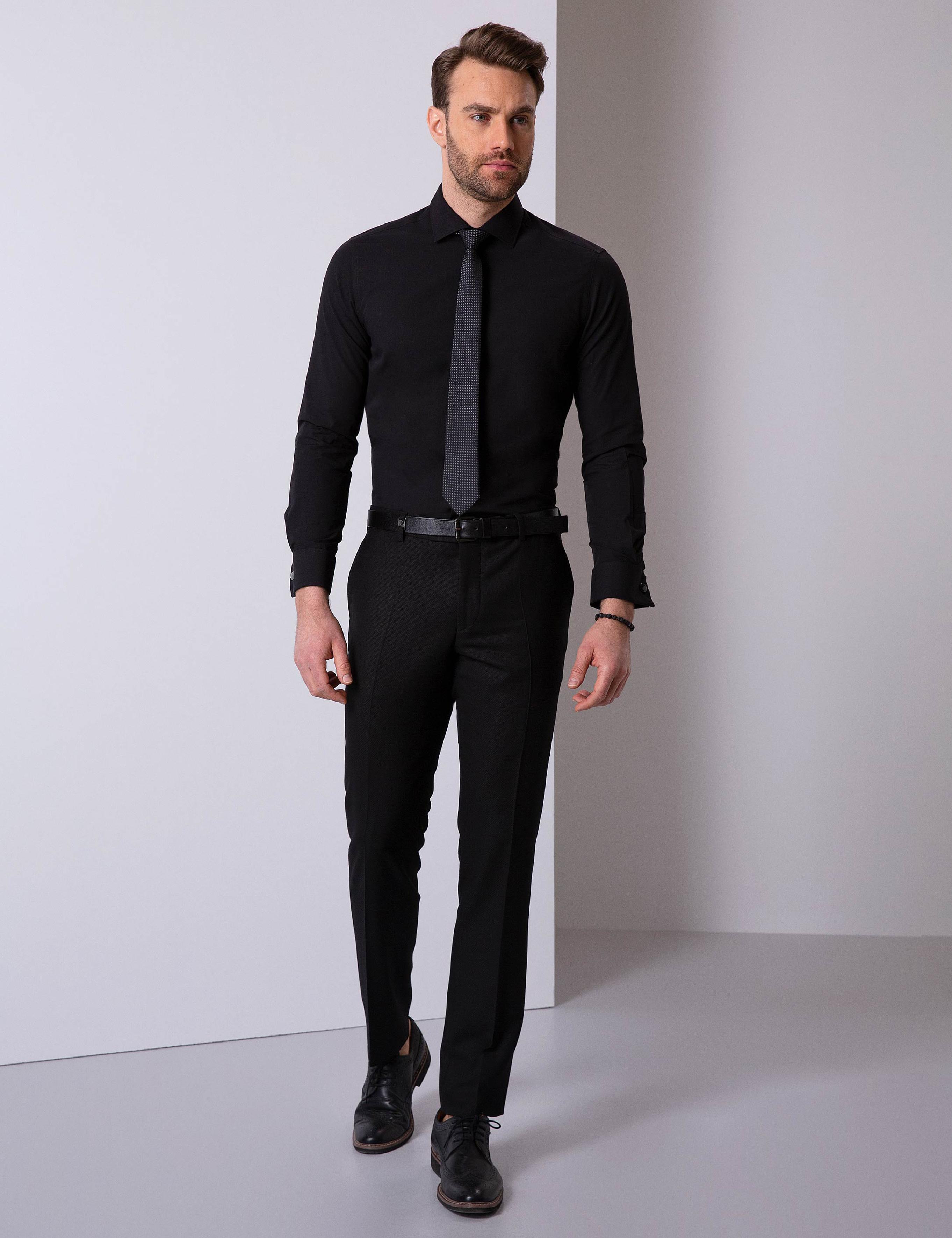 Siyah Slim Fit Uzun Kollu Basic Gömlek