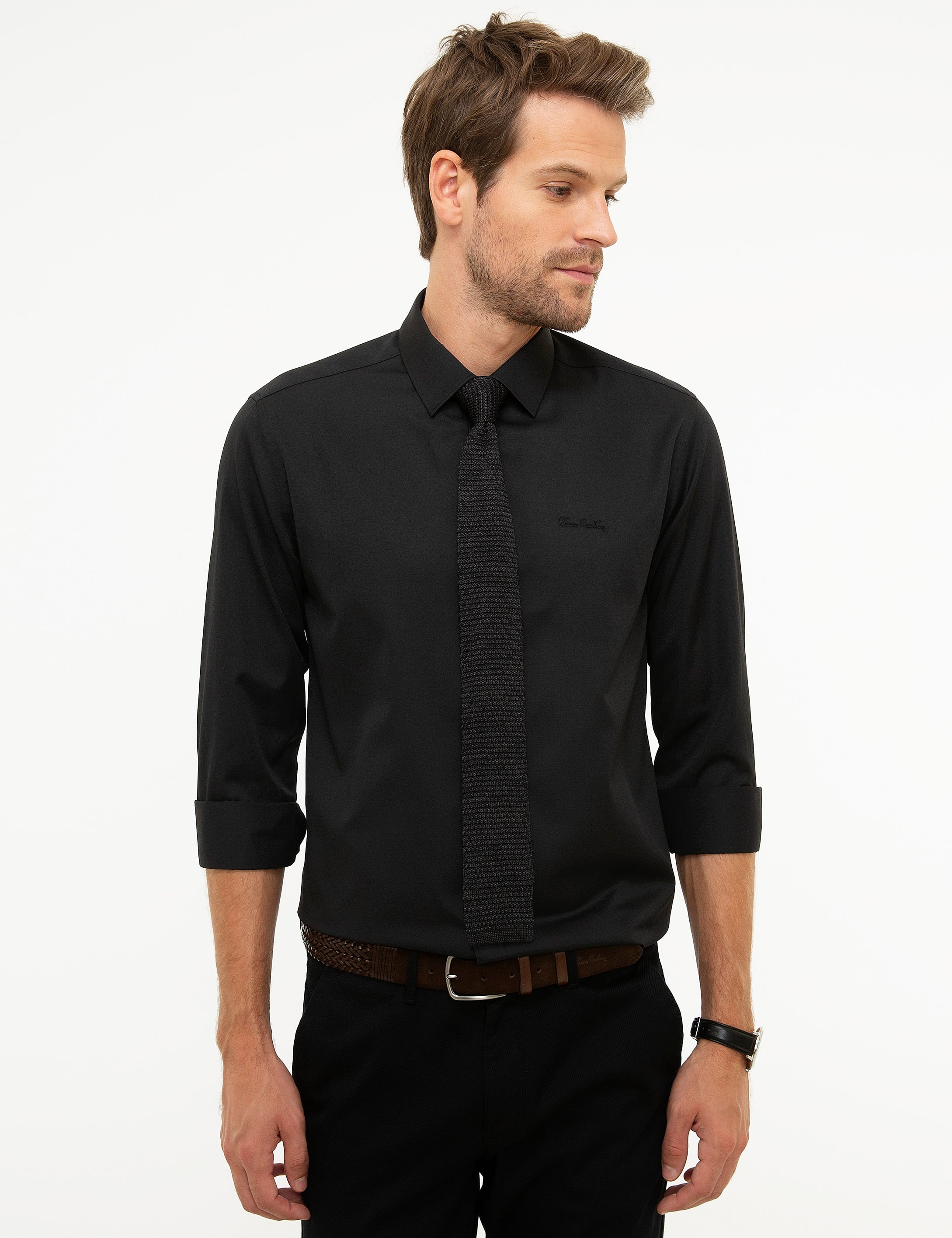 Siyah Slim Fit Uzun Kollu Basic Gömlek