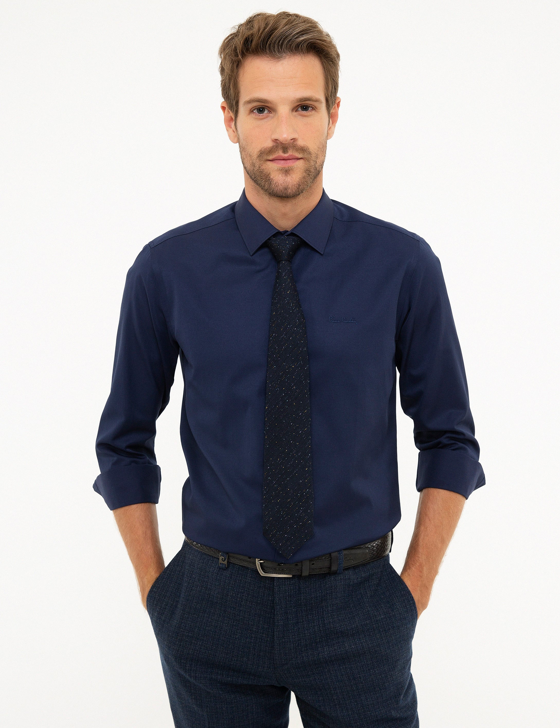 Lacivert Slim Fit Uzun Kollu Klasik Gömlek - Image 1