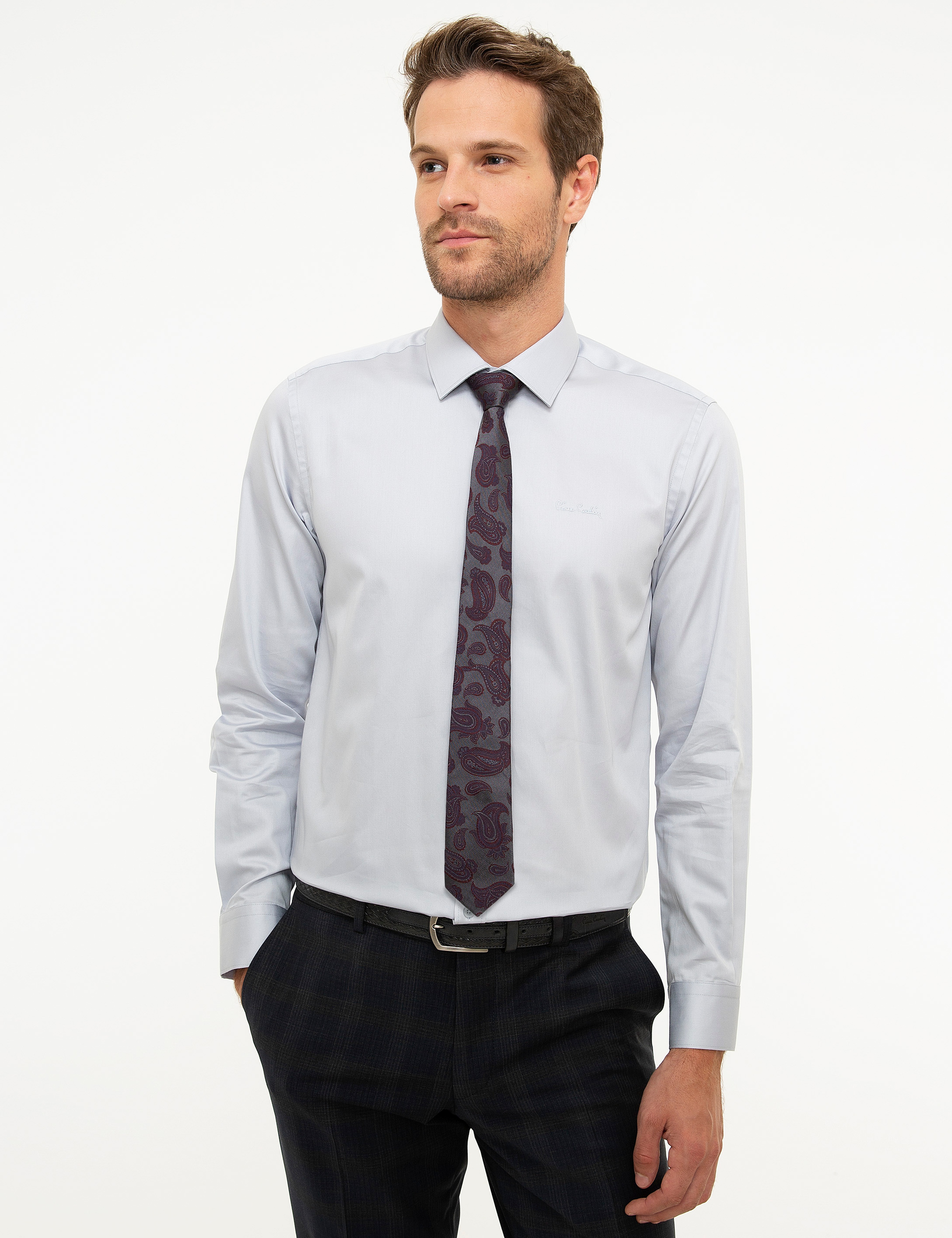 Gri Slim Fit Uzun Kollu Basic Gömlek - Image 1