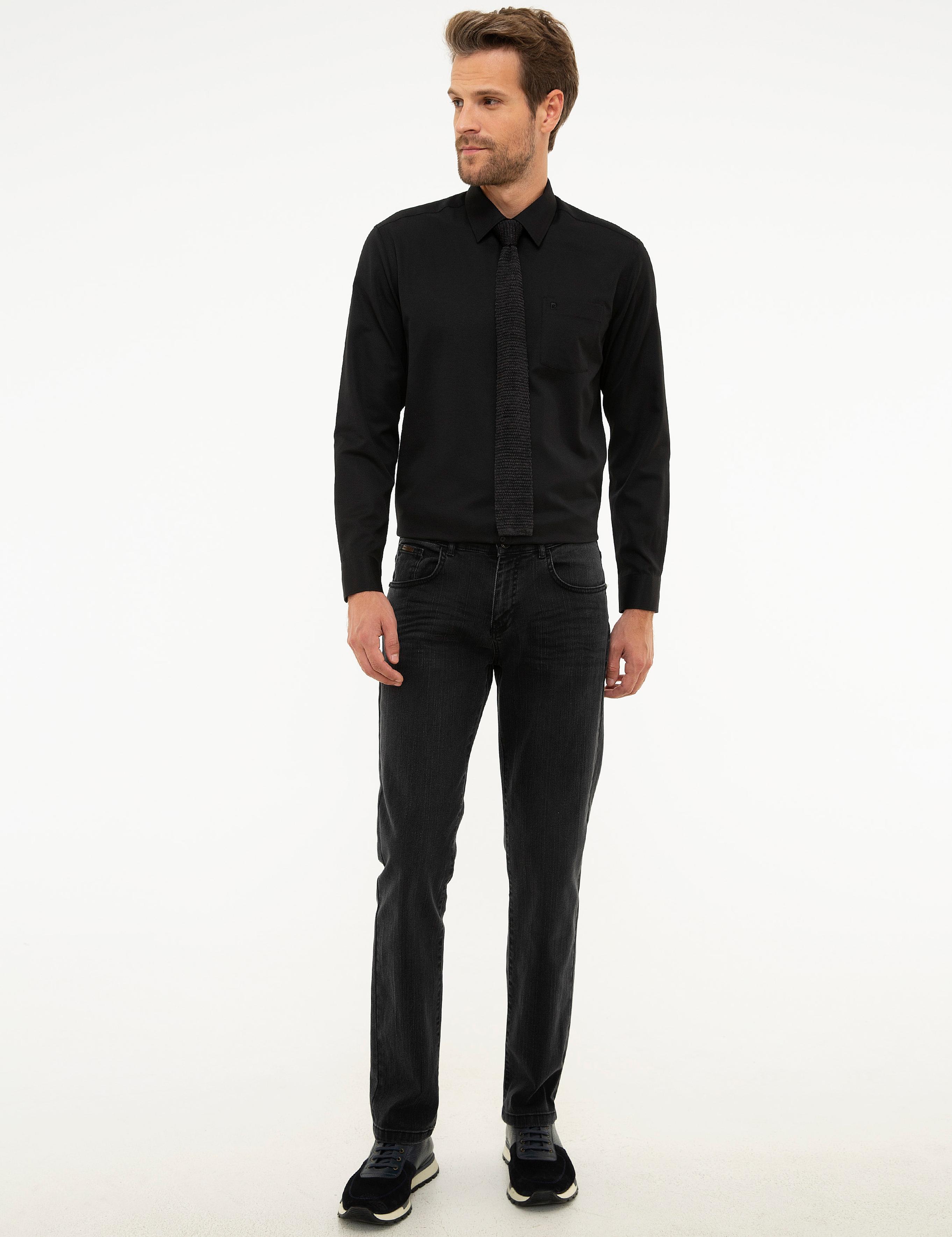 Siyah Regular Fit Armürlü Gömlek