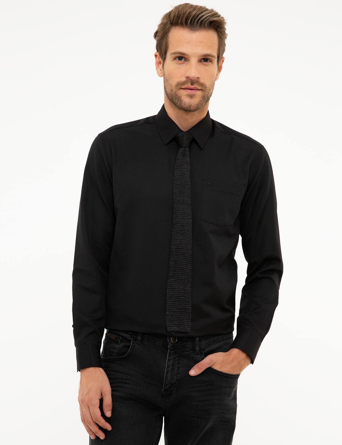 Siyah Regular Fit Armürlü Gömlek