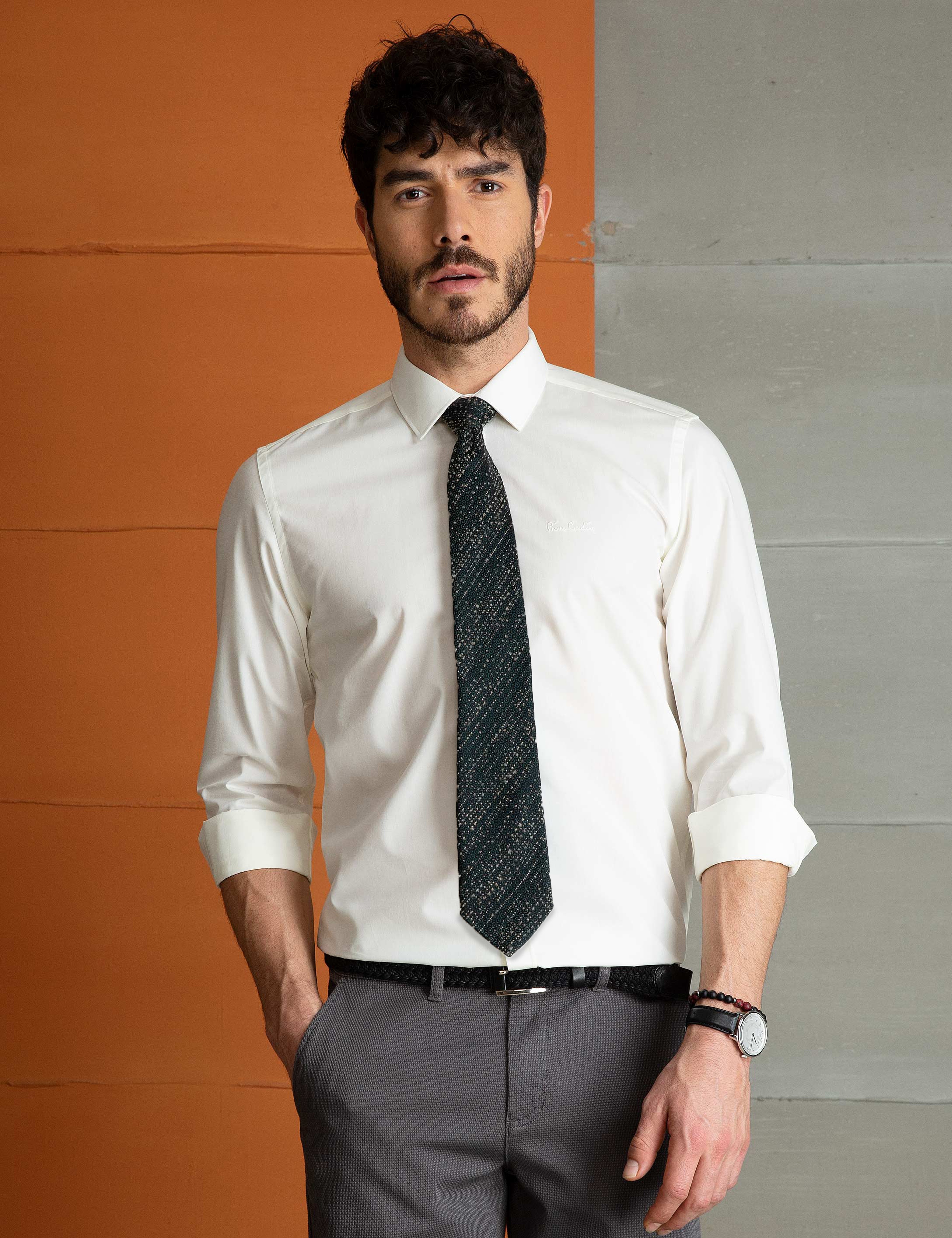 Ekru Slim Fit Basic Gömlek - Image 1