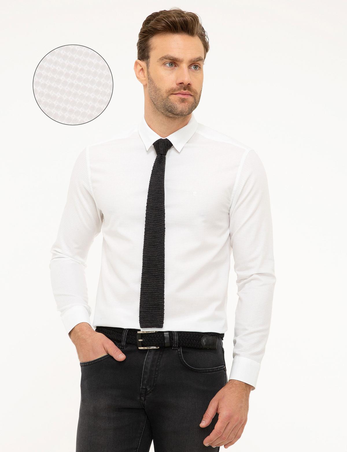 Beyaz Slim Fit Armürlü Gömlek