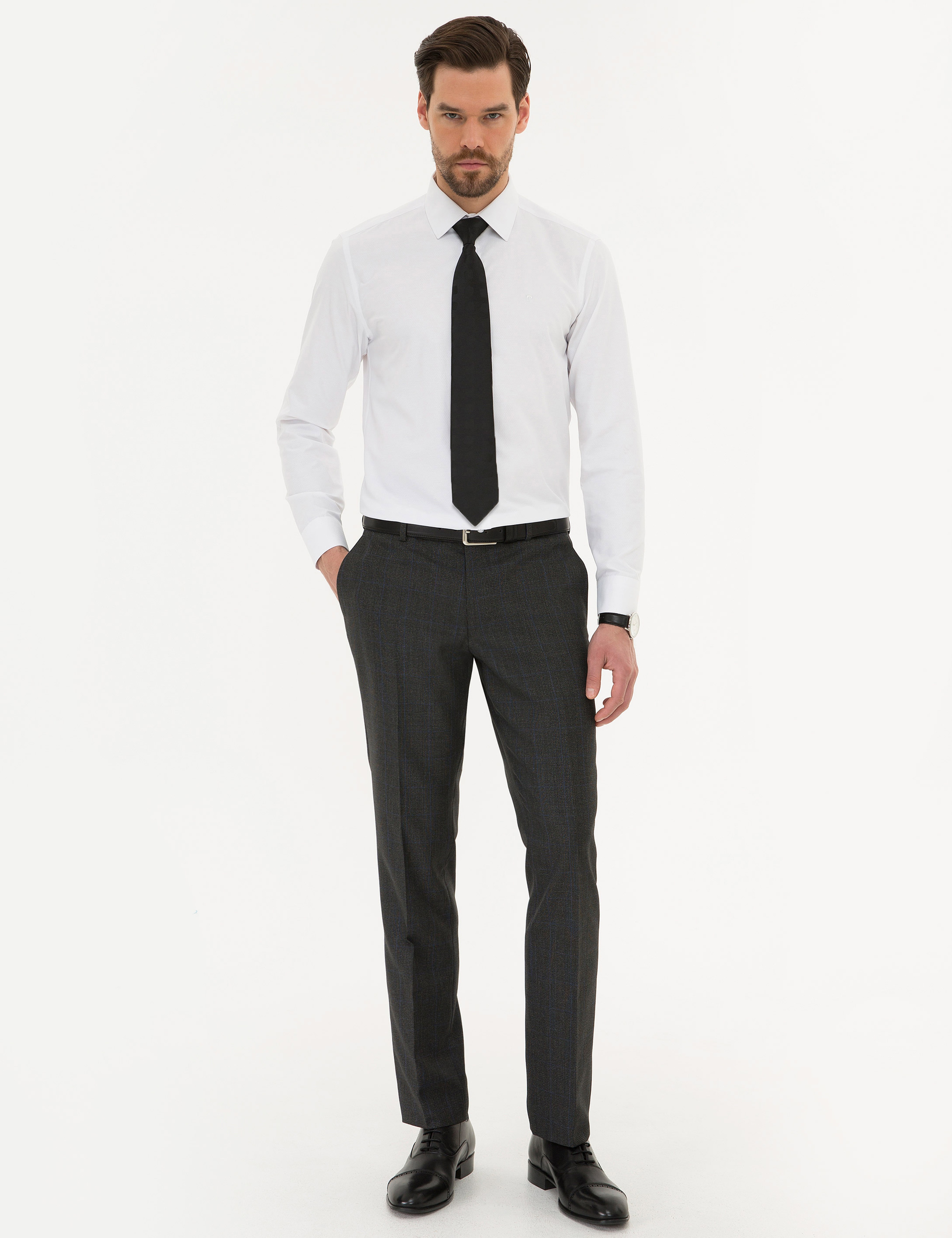 Beyaz Slim Fit Armürlü Gömlek - Image 4