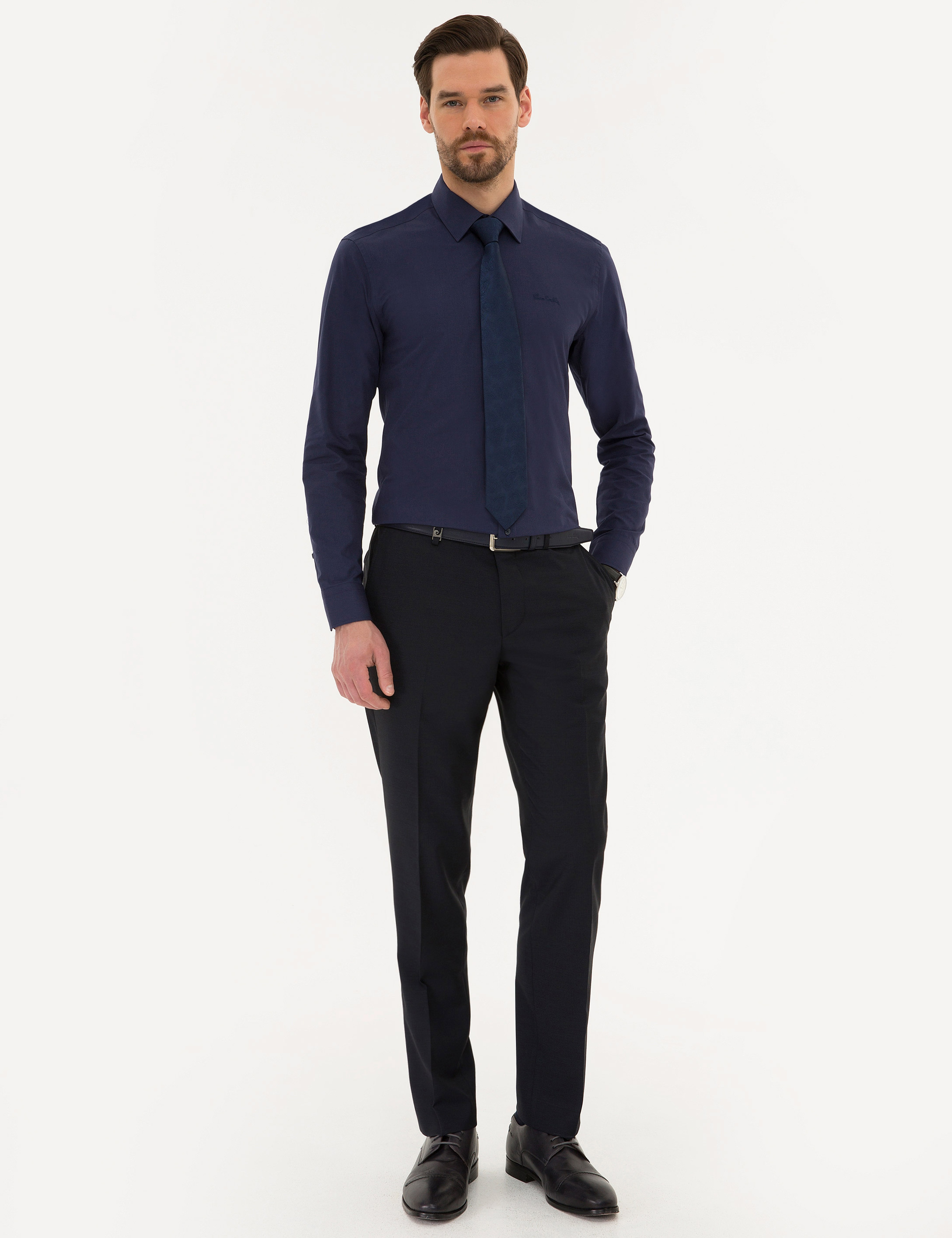 Lacivert Slim Fit Uzun Kollu Basic Gömlek