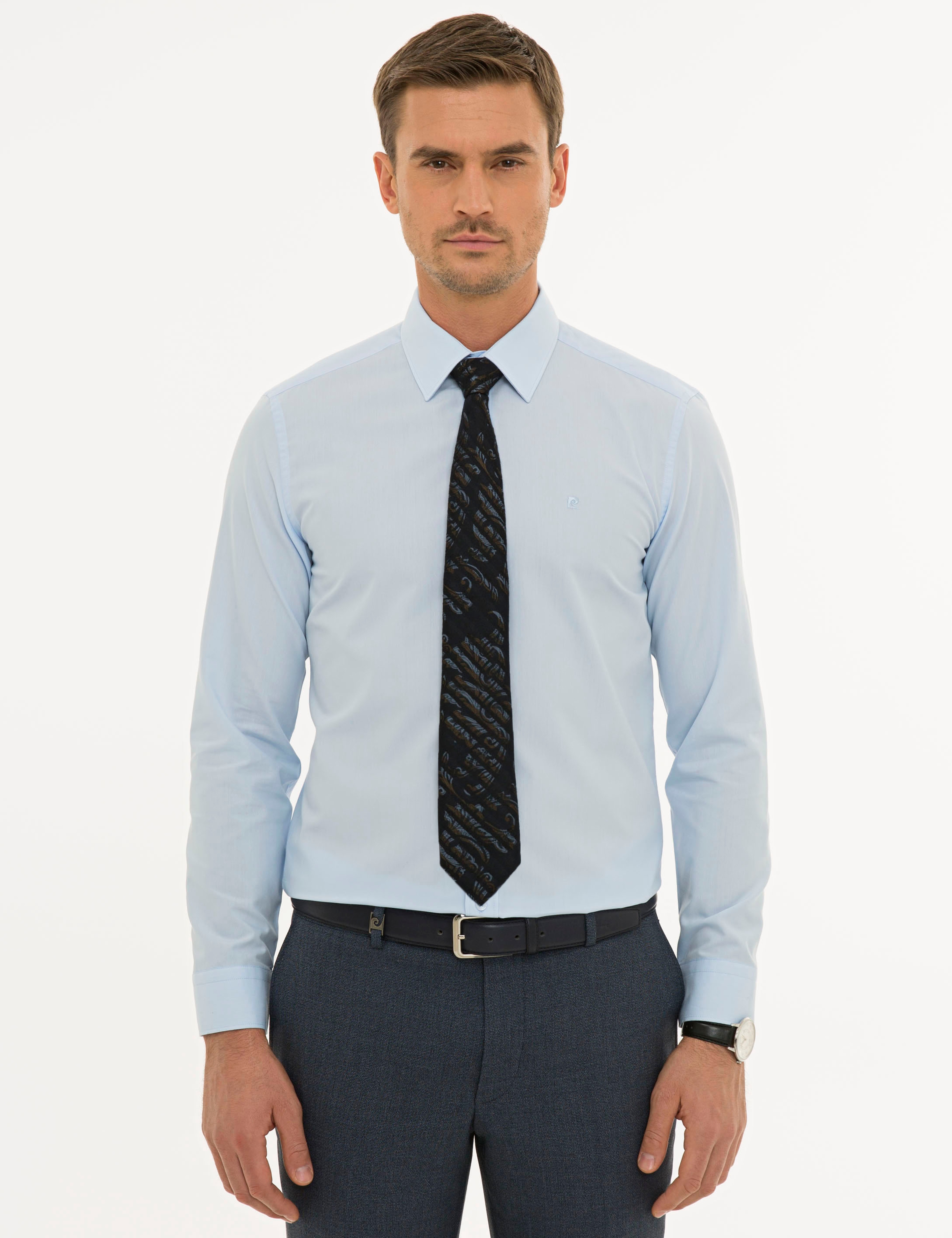 Açık Mavi Slim Fit Uzun Kollu Basic Gömlek - Image 1