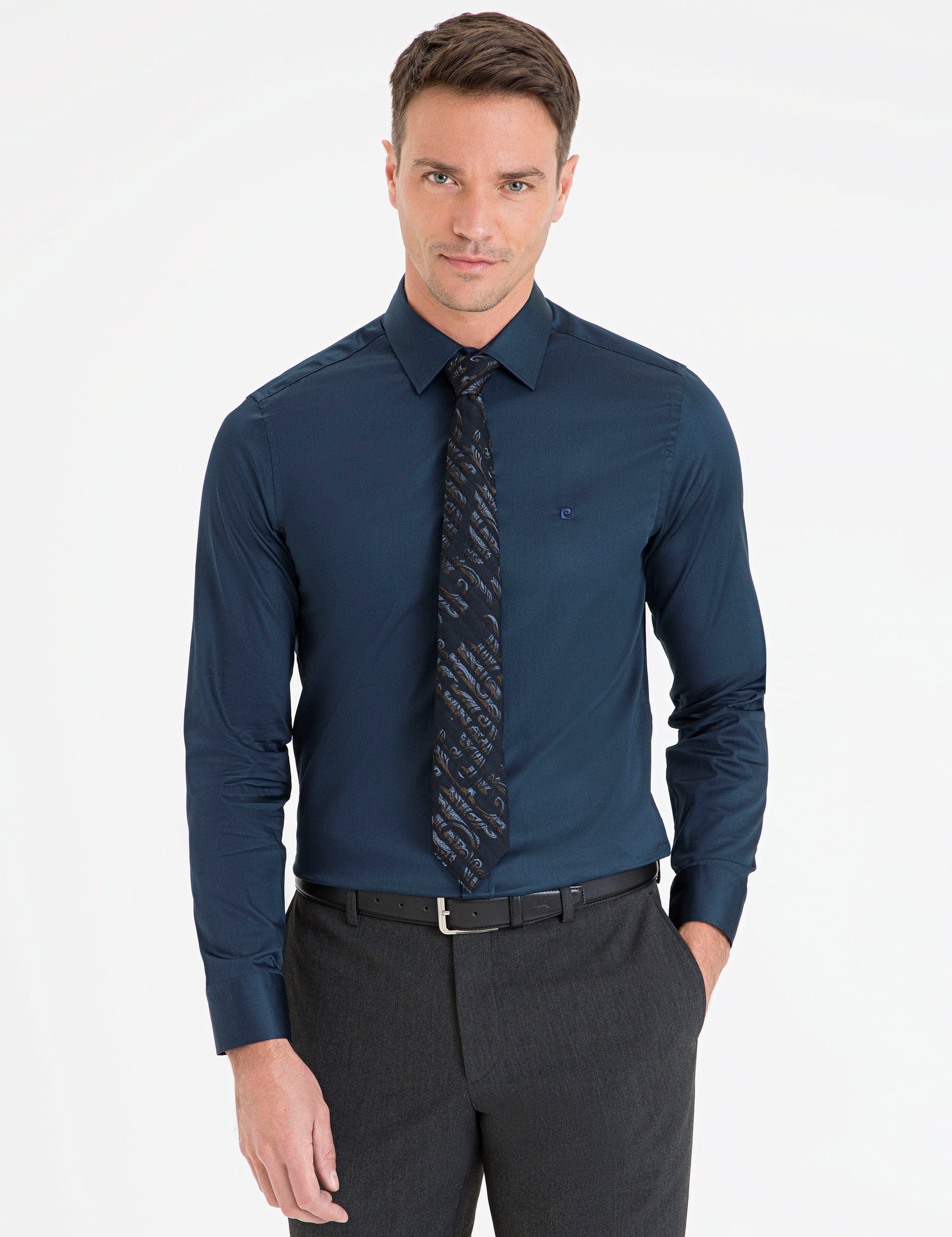 Lacivert Slim Fit Uzun Kollu Basic Gömlek - Image 1
