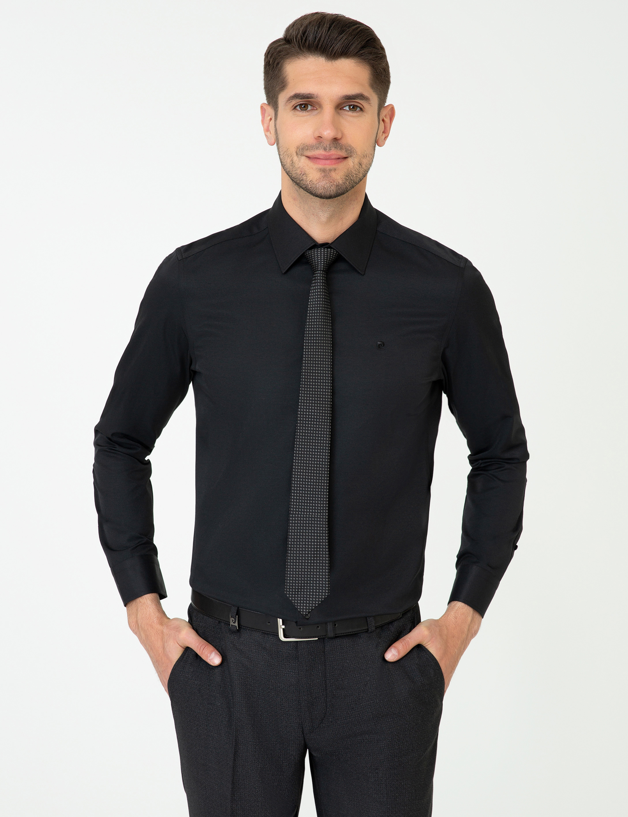 Siyah Slim Fit Uzun Kollu Klasik Gömlek - Image 1