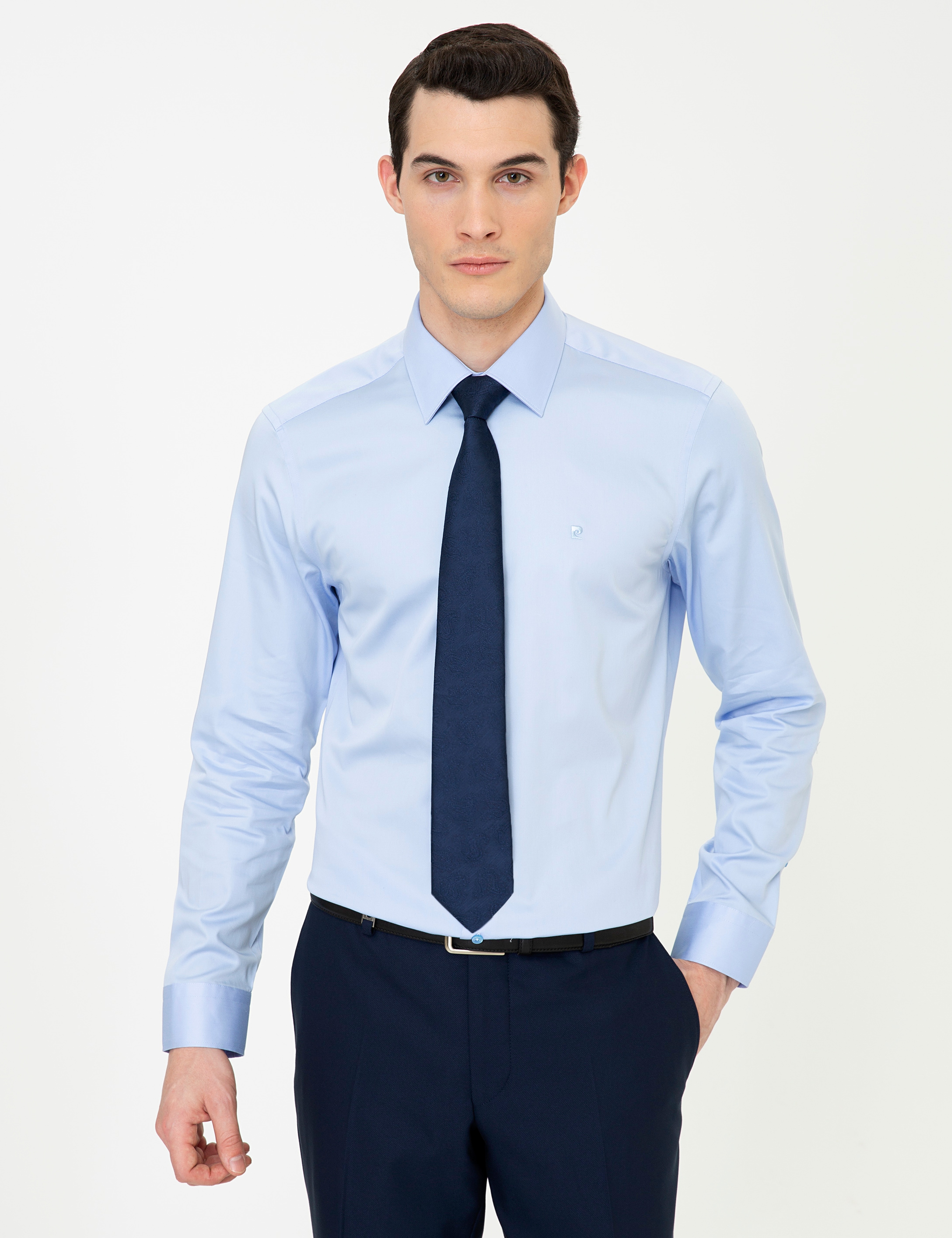 Koyu Mavi Slim Fit Uzun Kollu Basic Gömlek - Image 1