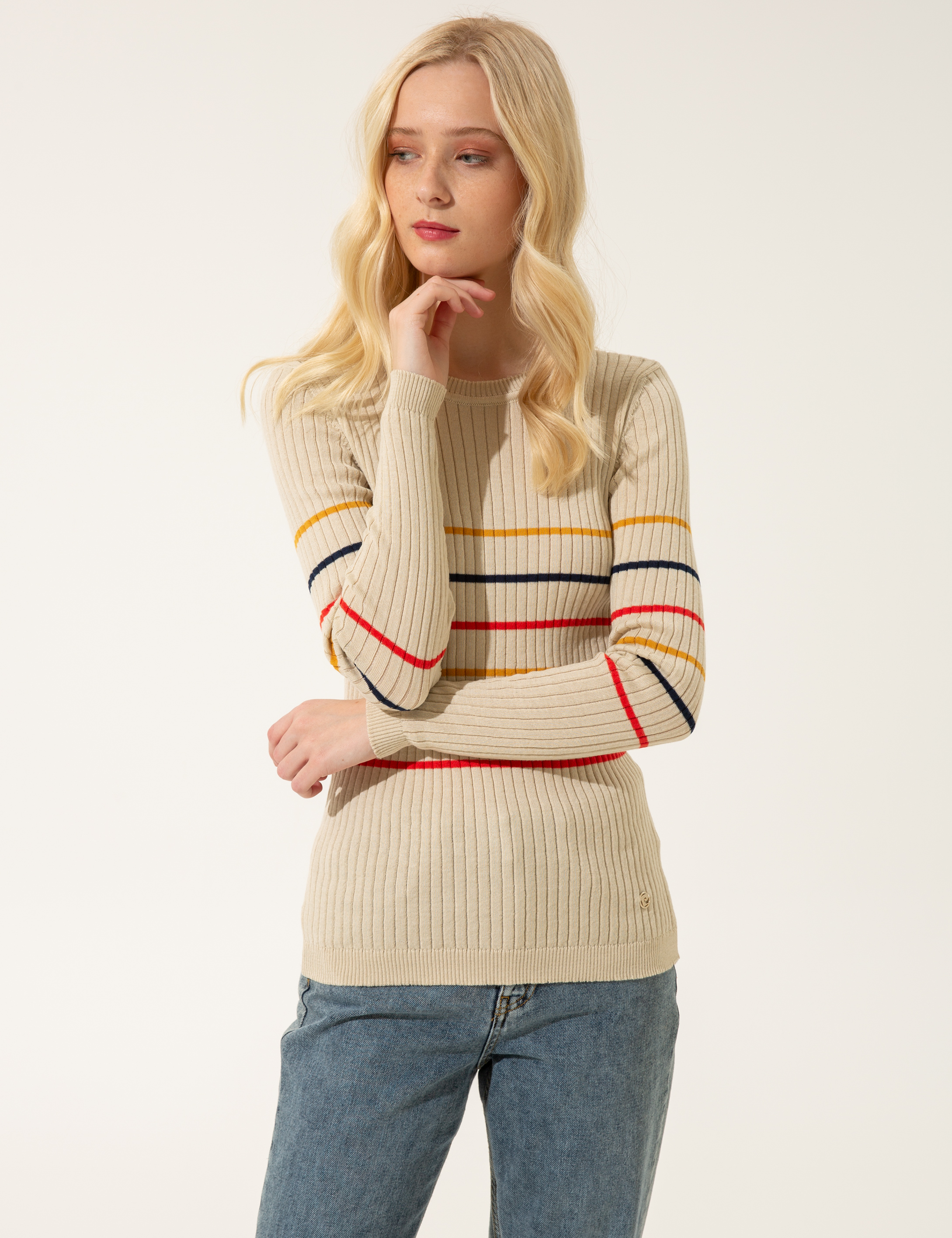 Krem Slim Fit Kazak - Image 3