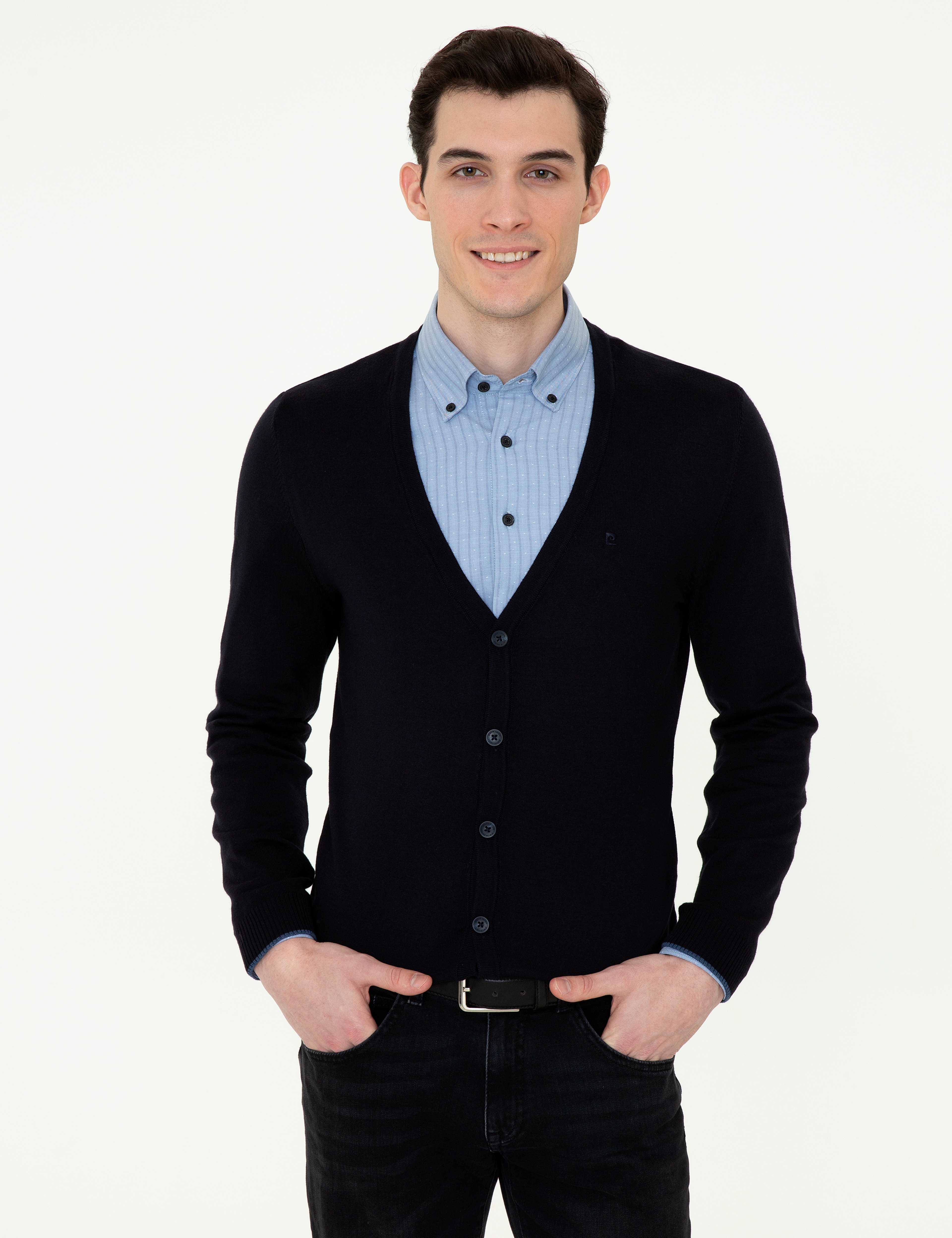 Lacivert Slim Fit Basic Düğmeli Triko Hırka - Image 1