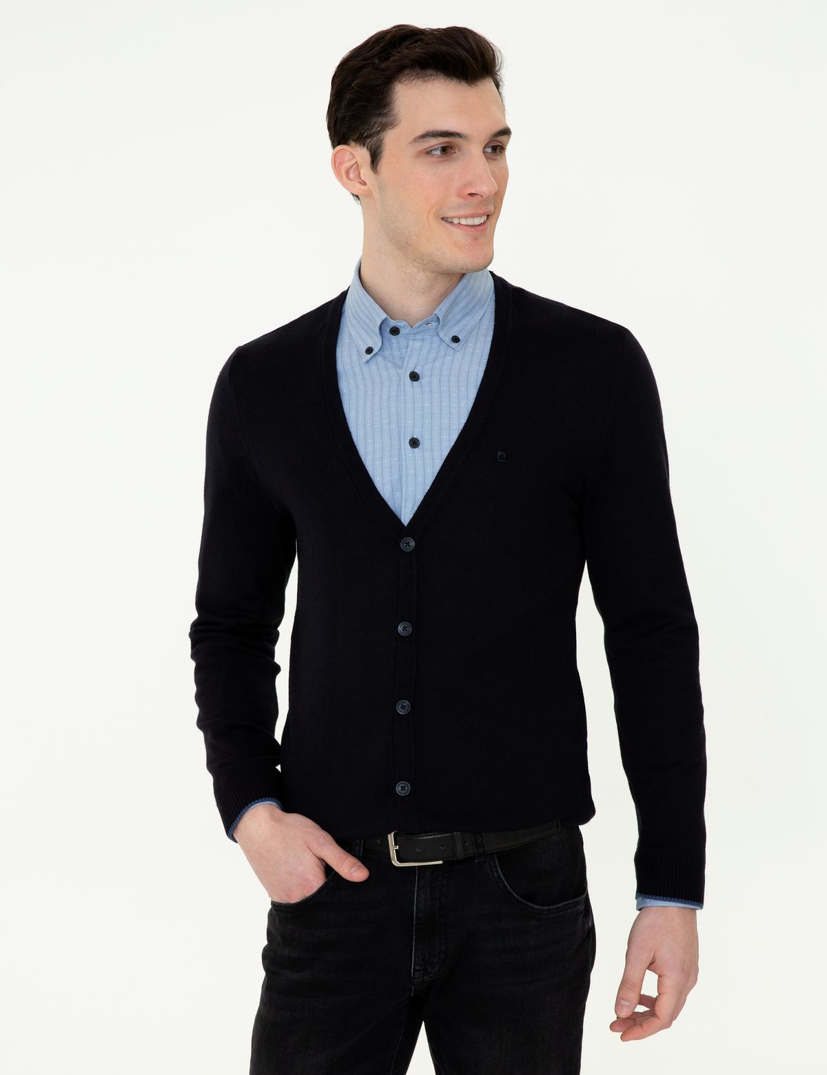 Lacivert Slim Fit Basic Düğmeli Triko Hırka - 50248549027