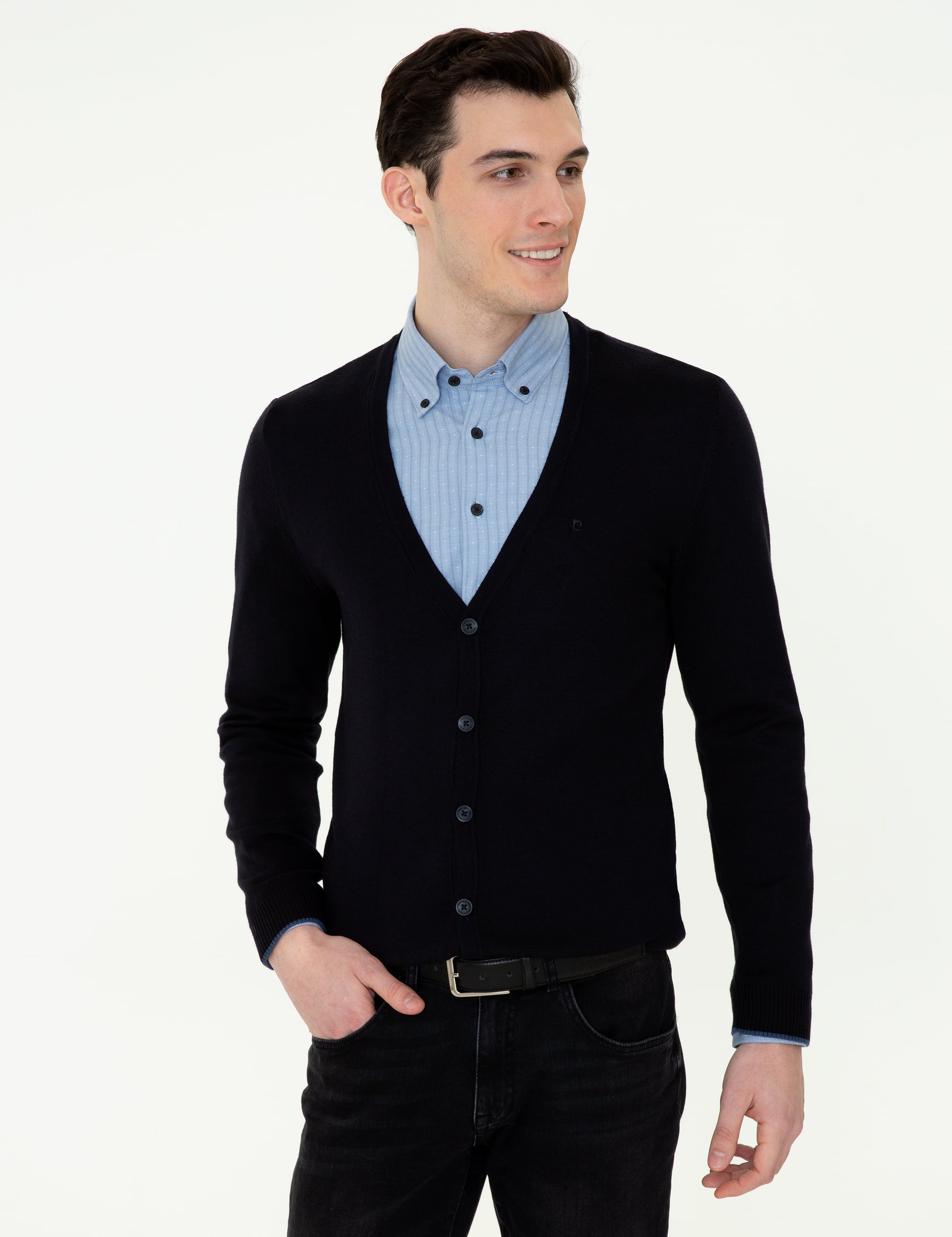 Lacivert Slim Fit Basic Düğmeli Triko Hırka