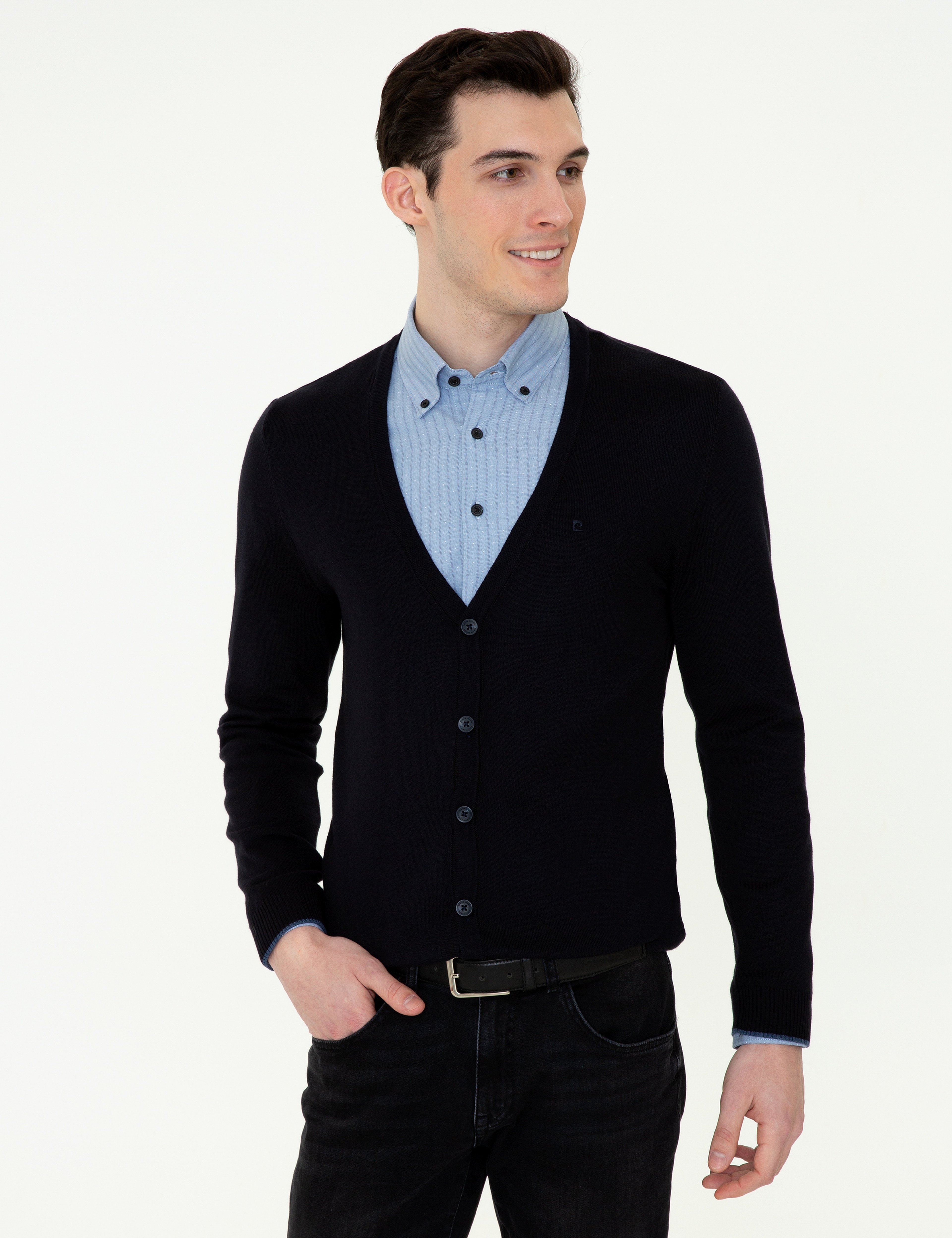 Lacivert Slim Fit Basic Düğmeli Triko Hırka