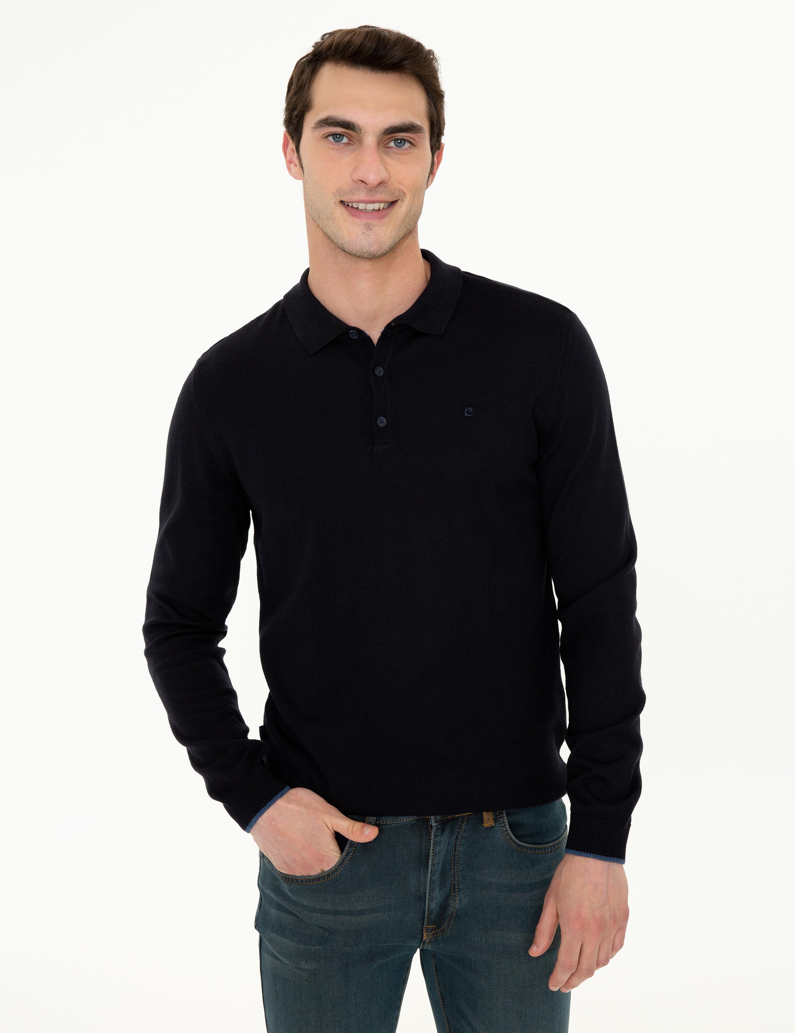 Lacivert Slim Fit Polo Yaka Basic Triko Kazak