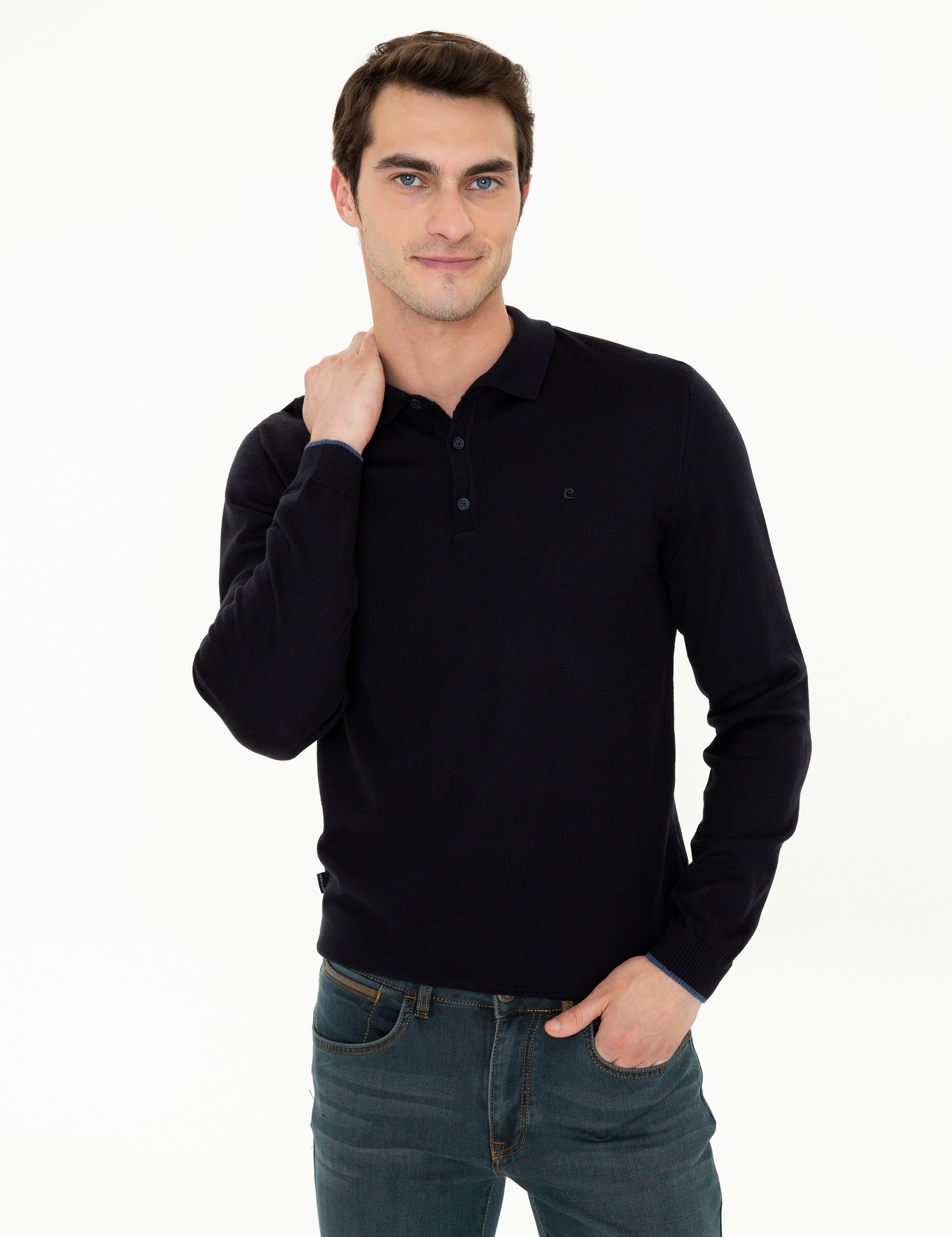 Lacivert Slim Fit Polo Yaka Basic Triko Kazak - Image 3