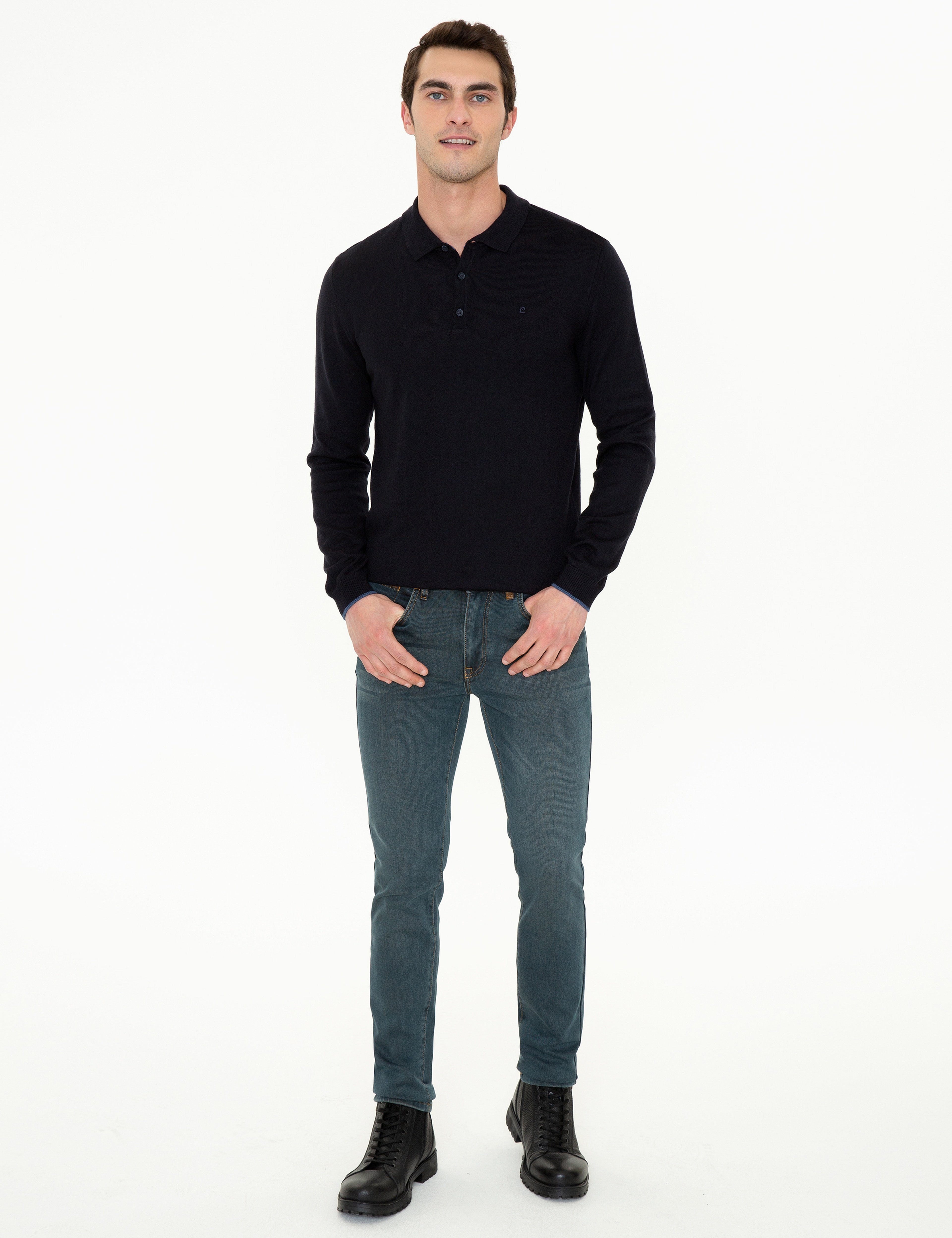Lacivert Slim Fit Polo Yaka Basic Triko Kazak - Image 5