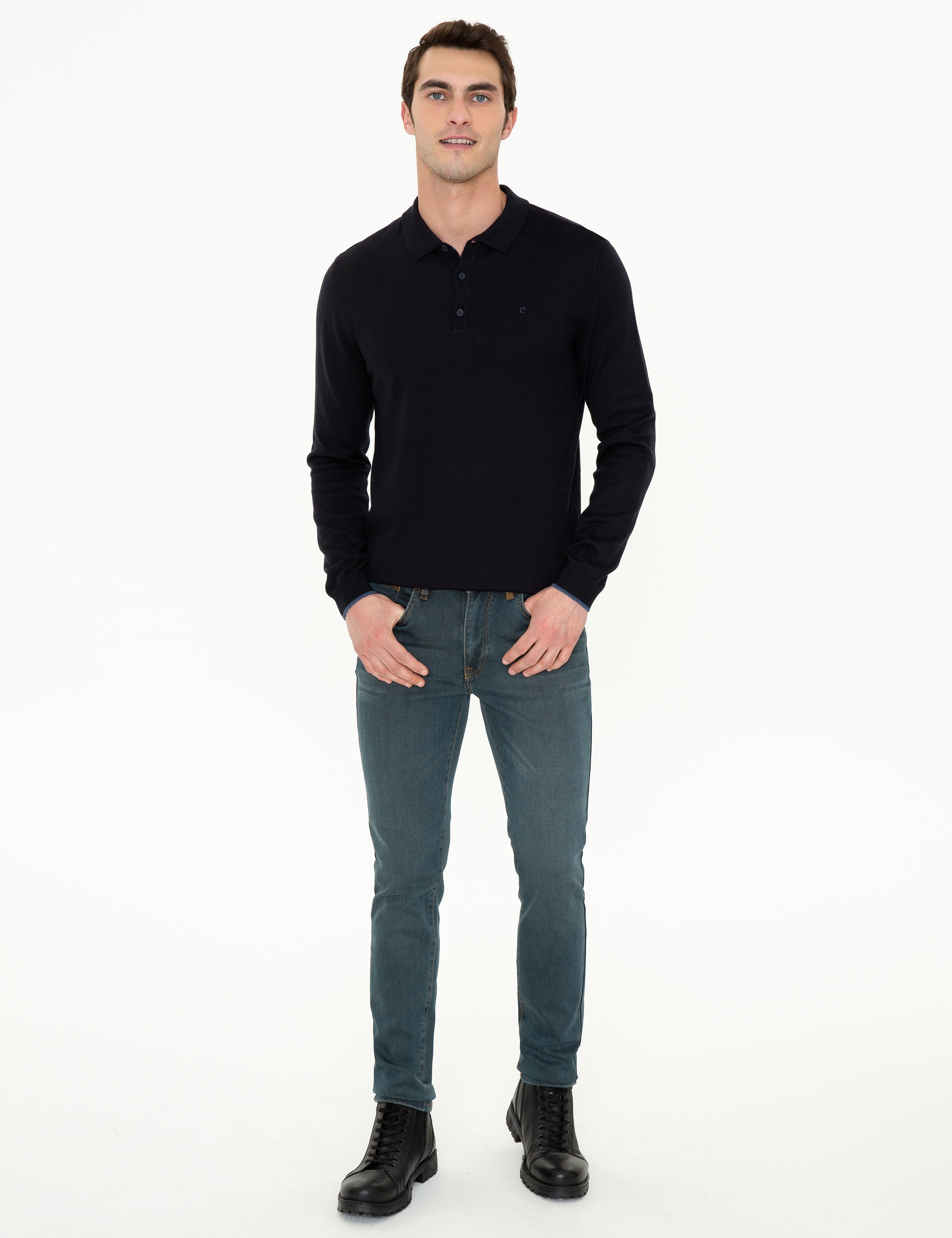 Lacivert Slim Fit Polo Yaka Basic Triko Kazak