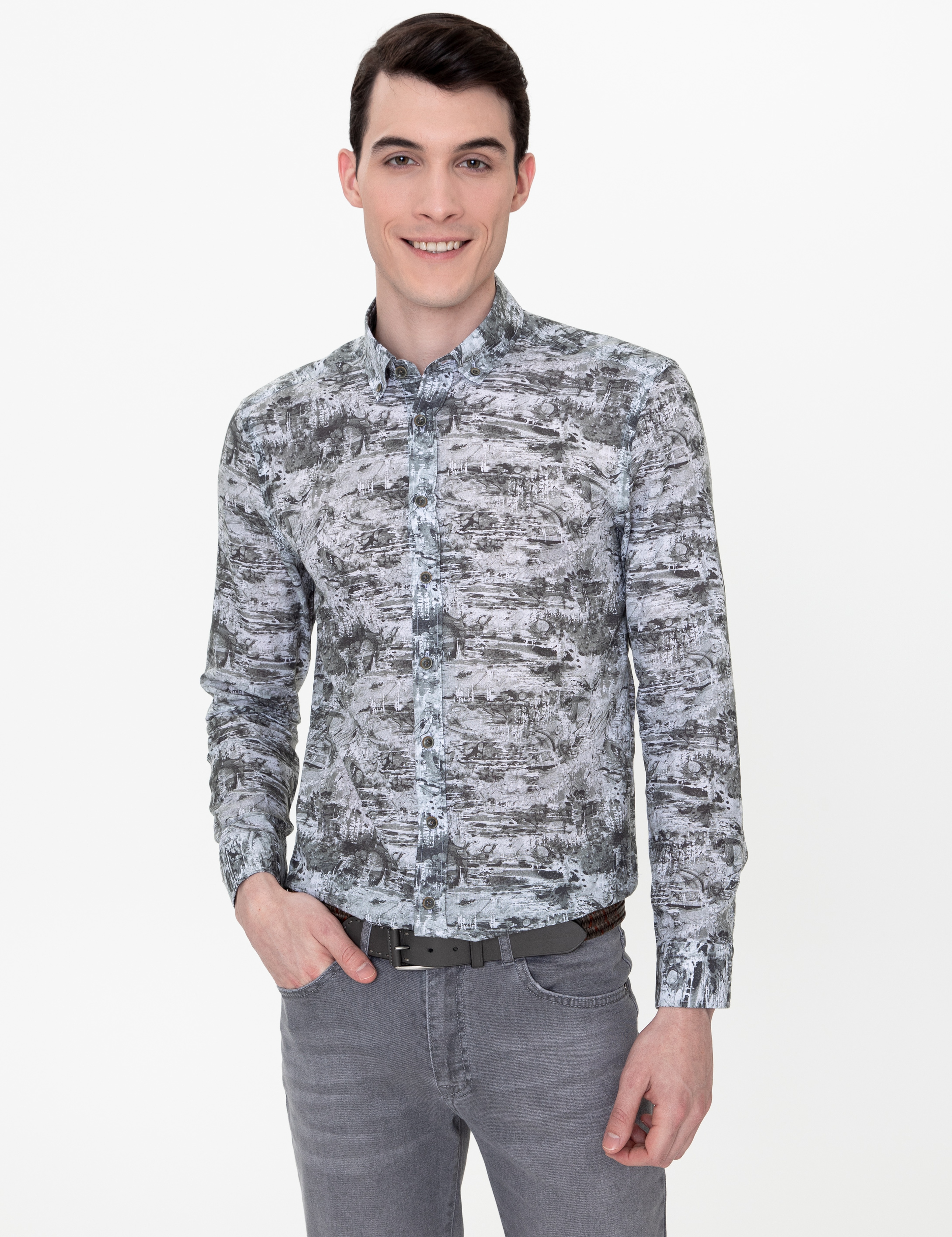 Haki Slim Fit Uzun Kollu Gömlek - Image 1